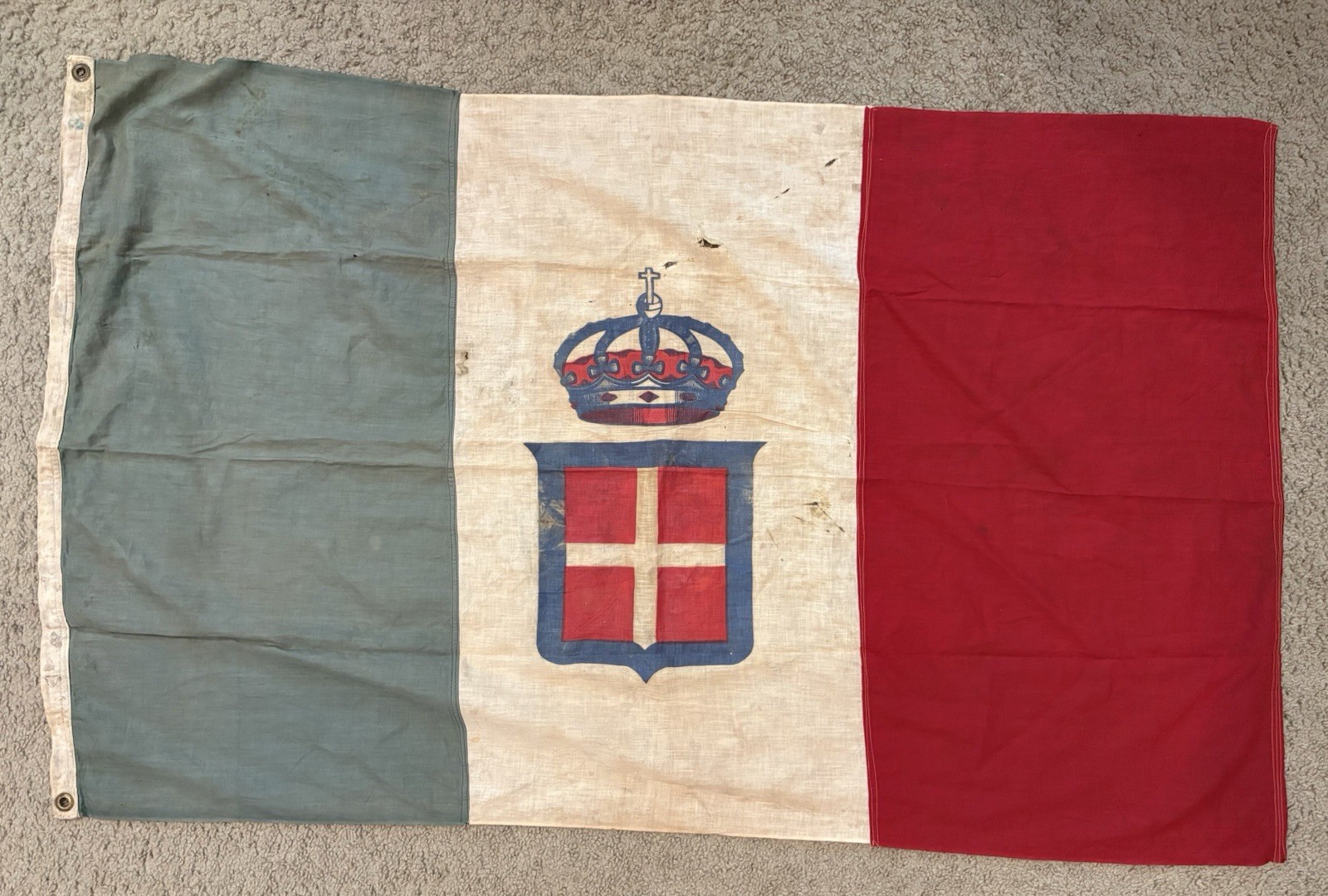 Rare Vintage Kingdom of Italy Flag WWII Era Royal House of Savoy Tricolor Crown