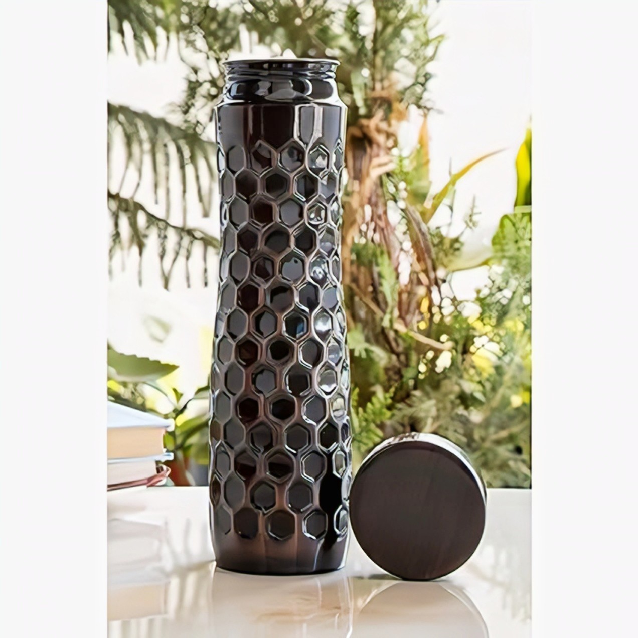 Svashva Pure Copper Water Bottle 1000ml Antique Diamond Hammered