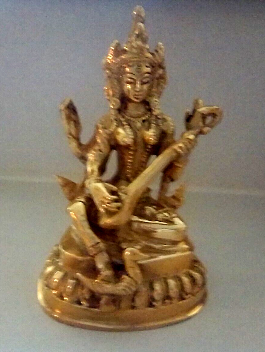 Antique Hindi Goddess Saraswati Playing Veena Solid Hi- Quality Cut Brass Statue
