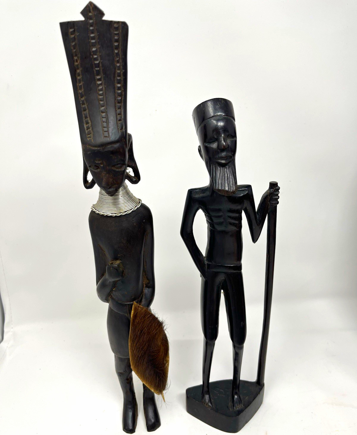 Pair African Carved Ebony Wood Tribal Figures F w/ Neck Rings, M w/ Staff