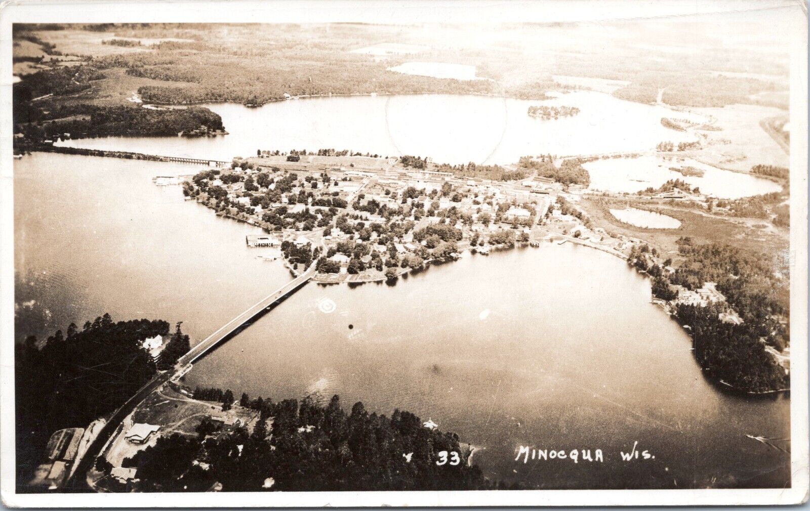 Aerial Birdseye View of Minocqua, Wisconsin - Real Photo Postcard - Island 1940