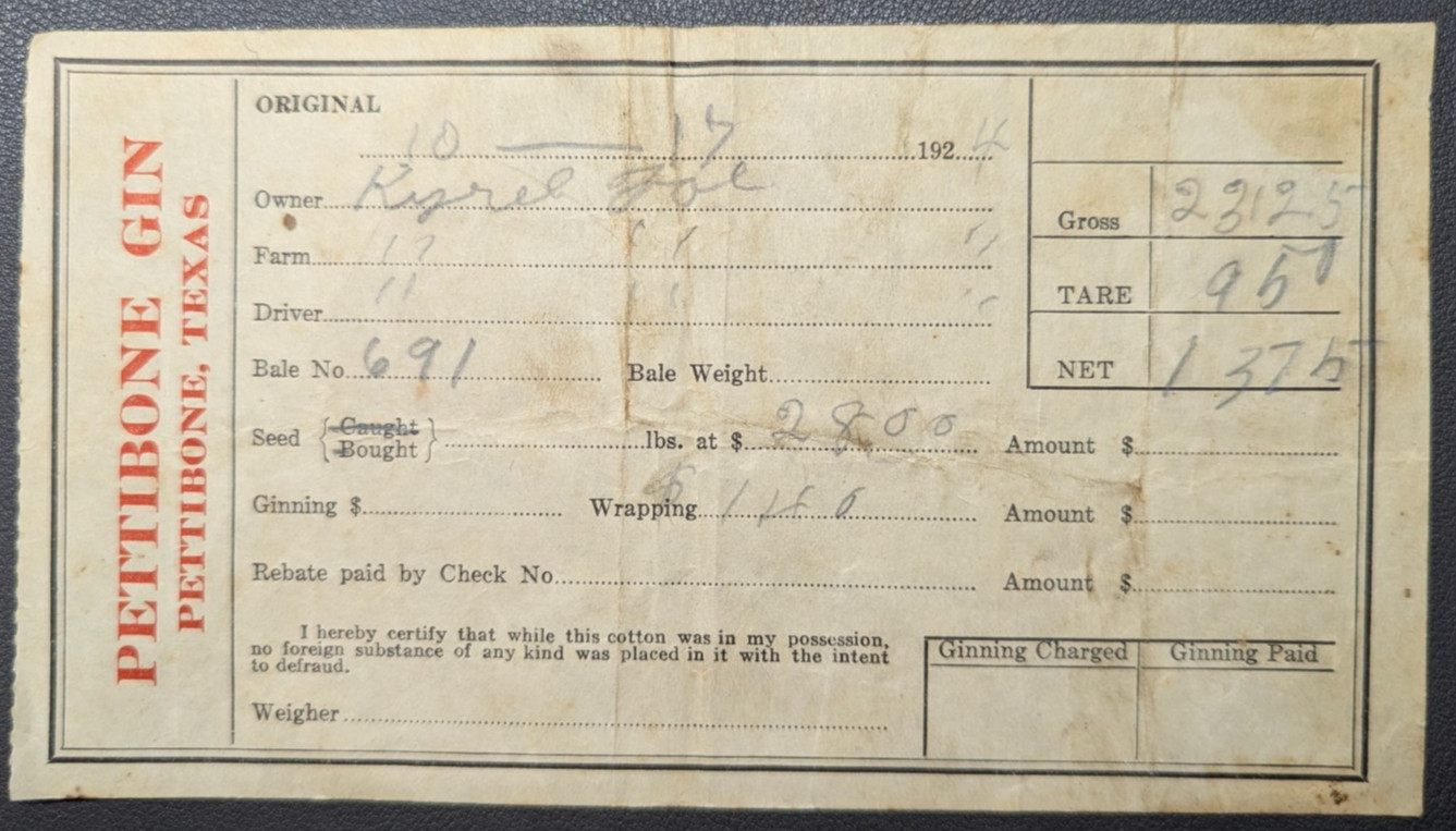 Vintage Pettibone Gin Texas Cotton Bale Receipt Ticket Bell County c1920s