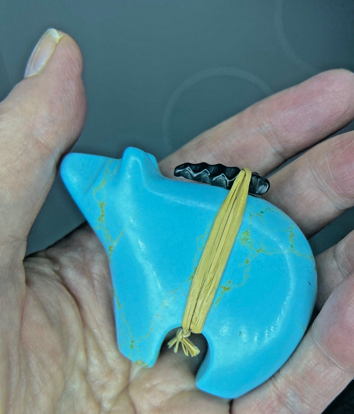 Large Zuni Turquoise , Fetish Bear Offering Obsidian Arrowhead Signed AP