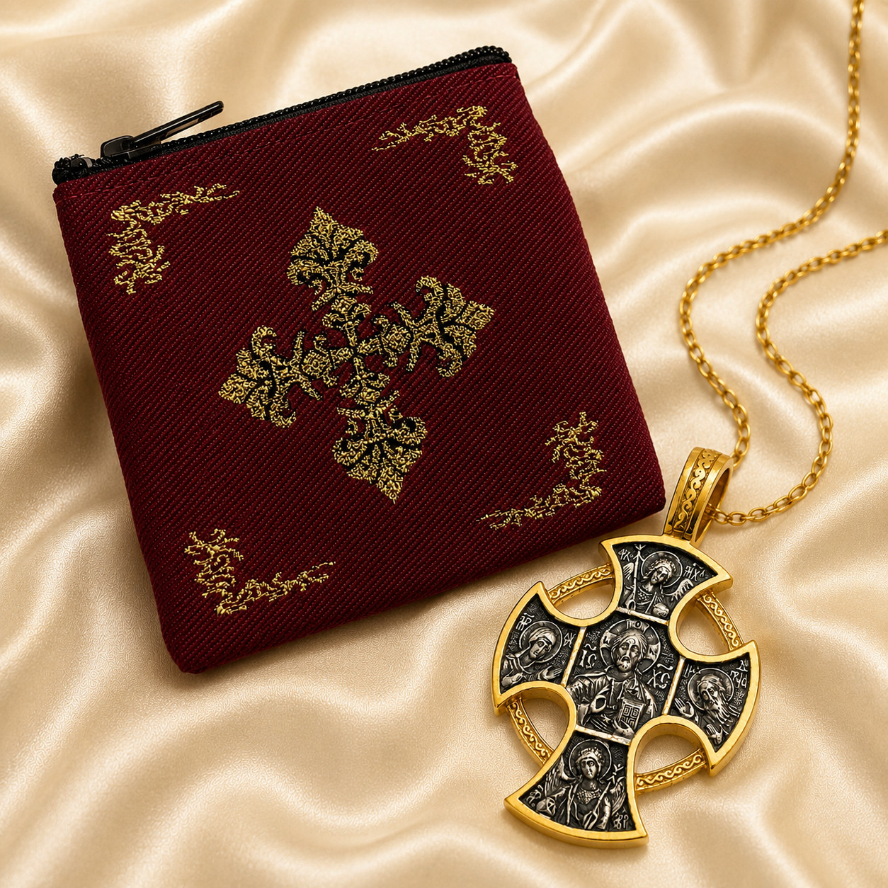 24kt Gold Plated Sterling Silver Diesis Archangels Icon Cross Pendant With Chain