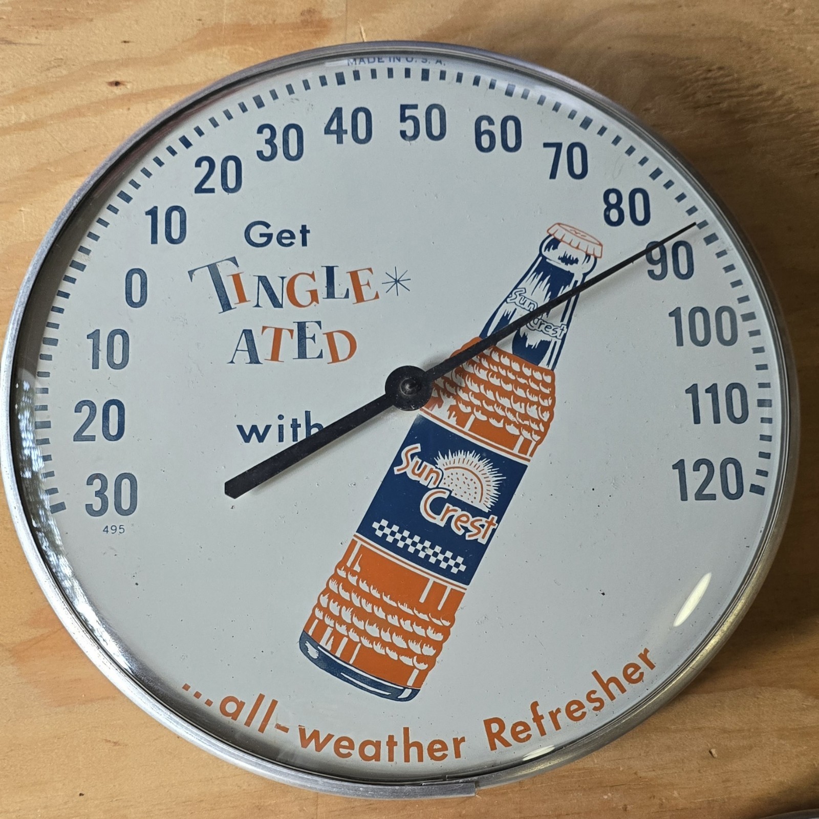 Vintage Sun Crest Orange Icy Cold Soda Pop Store Advertising Thermometer Sign 