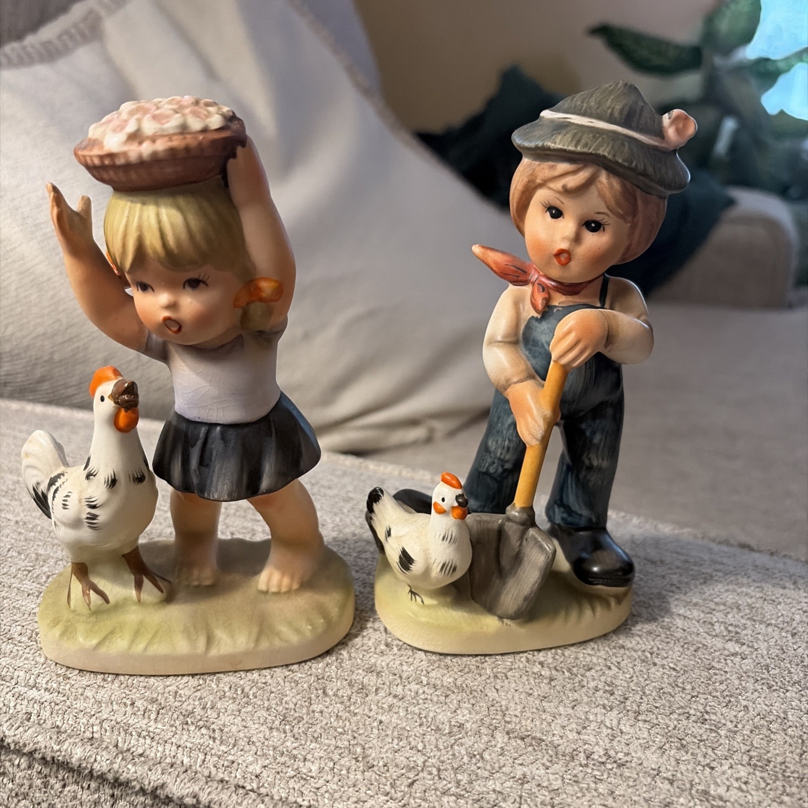 Vintage Brinn’s Farm Boy & Girl Figurines Set Ceramic Chores Chicken Hen Japan