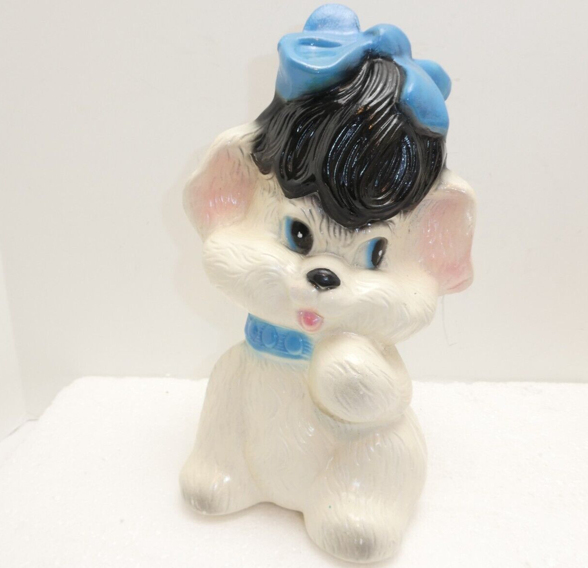 Vintage Bank Puppy with Bow Chalkware  Mexico Bank Dog Statue