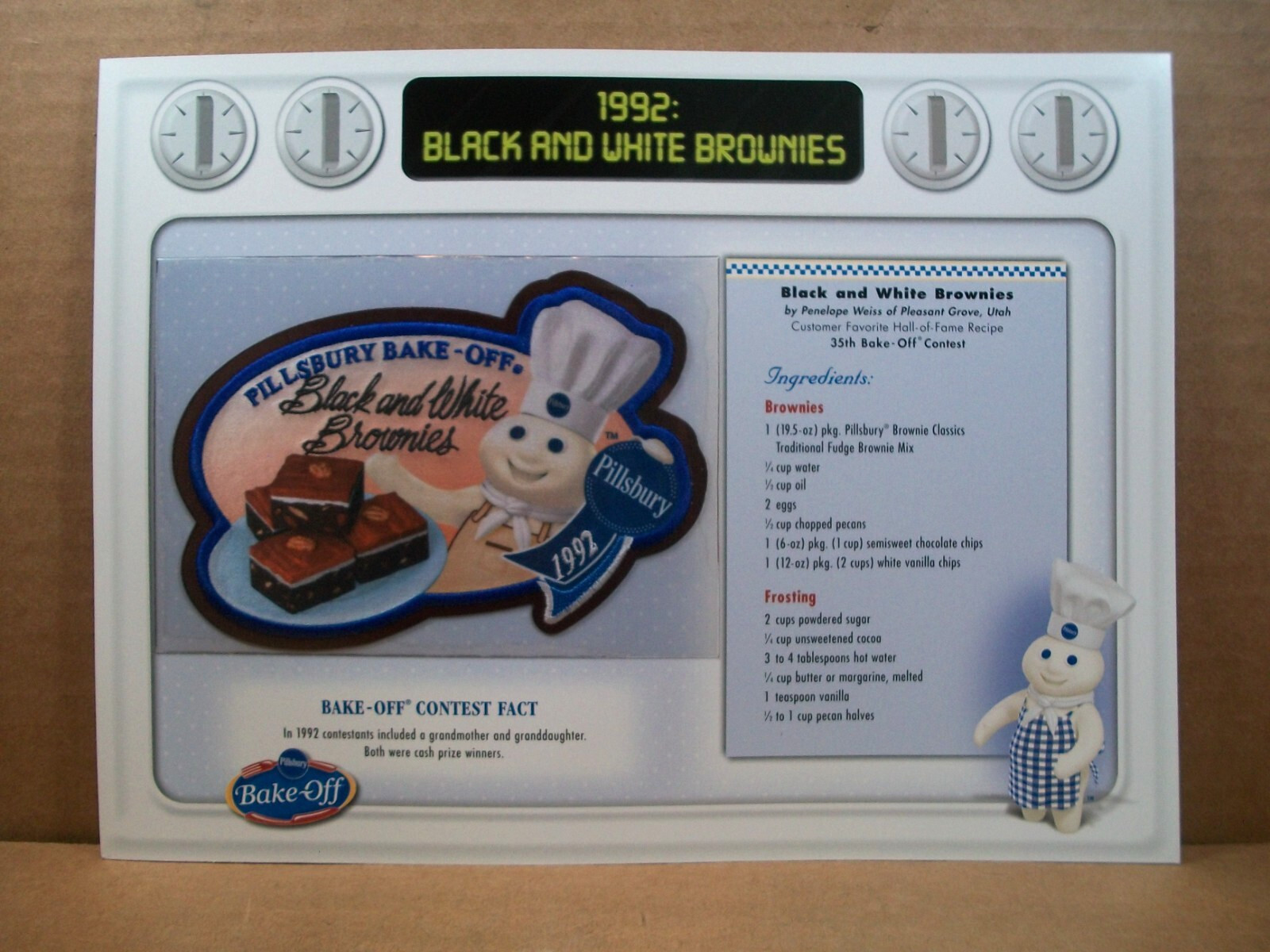 Pillsbury Doughboy~ Bake-Off Recipe Card & Patch ~ 1992 Black And White Brownies