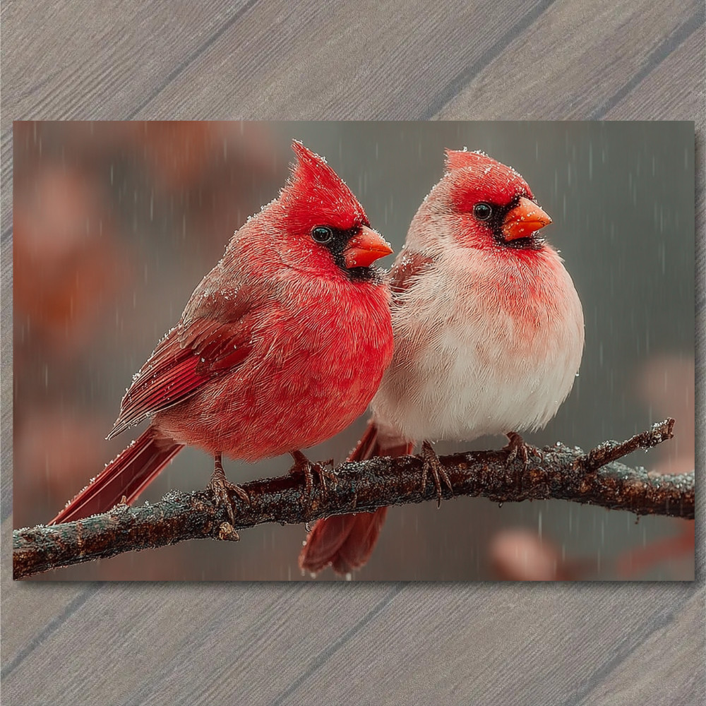 POSTCARD Pair of Cardinals Red and White Birds Rainy Branch Winter Wildlife Scen POSTCARD Pair of Cardinals Red and White Birds Rainy Branch Winter Wildlife Scen