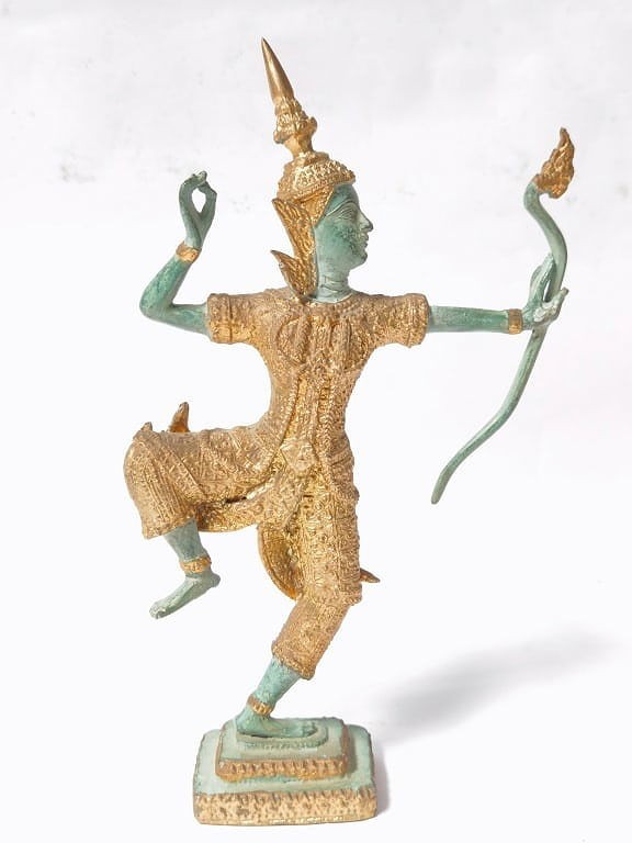 Vintage Thai Gilt Bronze Archer Statue Rama Warrior Patinated Figure Sculpture