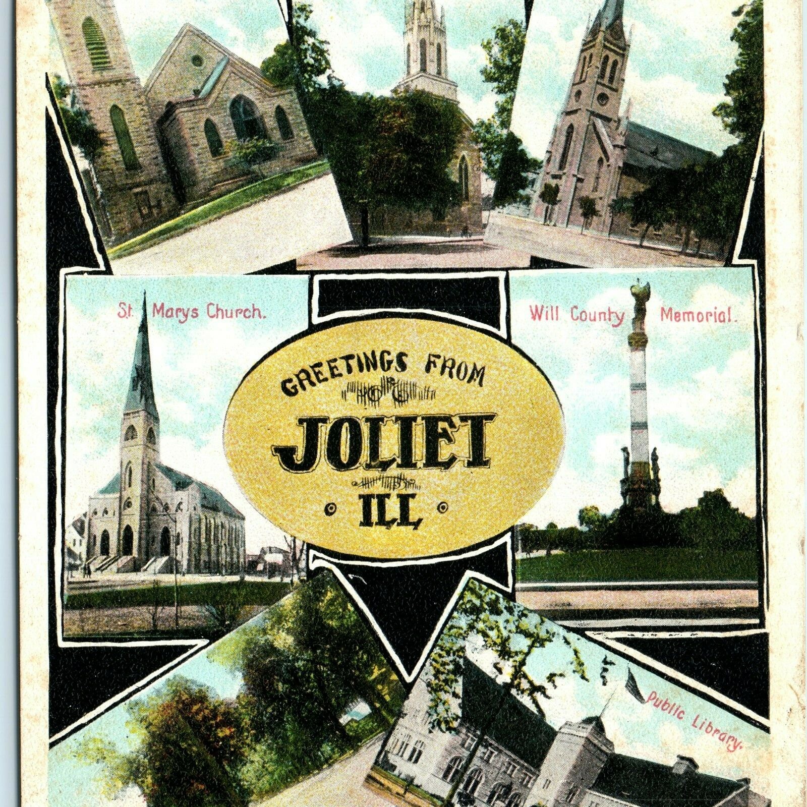 c1910s Joliet, IL Multi View Postcard Will County Memorial Churches Library