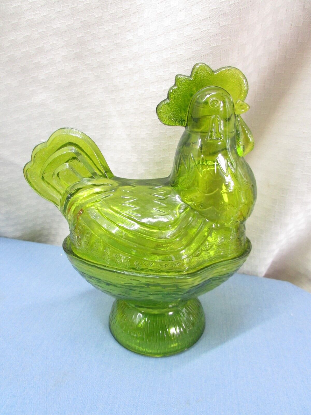 Vintage Westmoreland Green Glass Standing Rooster Pedestal Nest Candy Dish Jar
