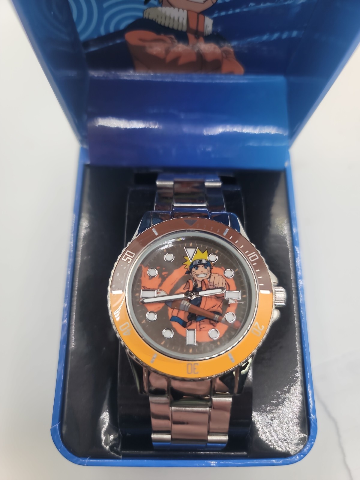 Vintage Naruto Uzumaki Anime Watch Accutime NAR8004AZ Silver Metal Band Orange