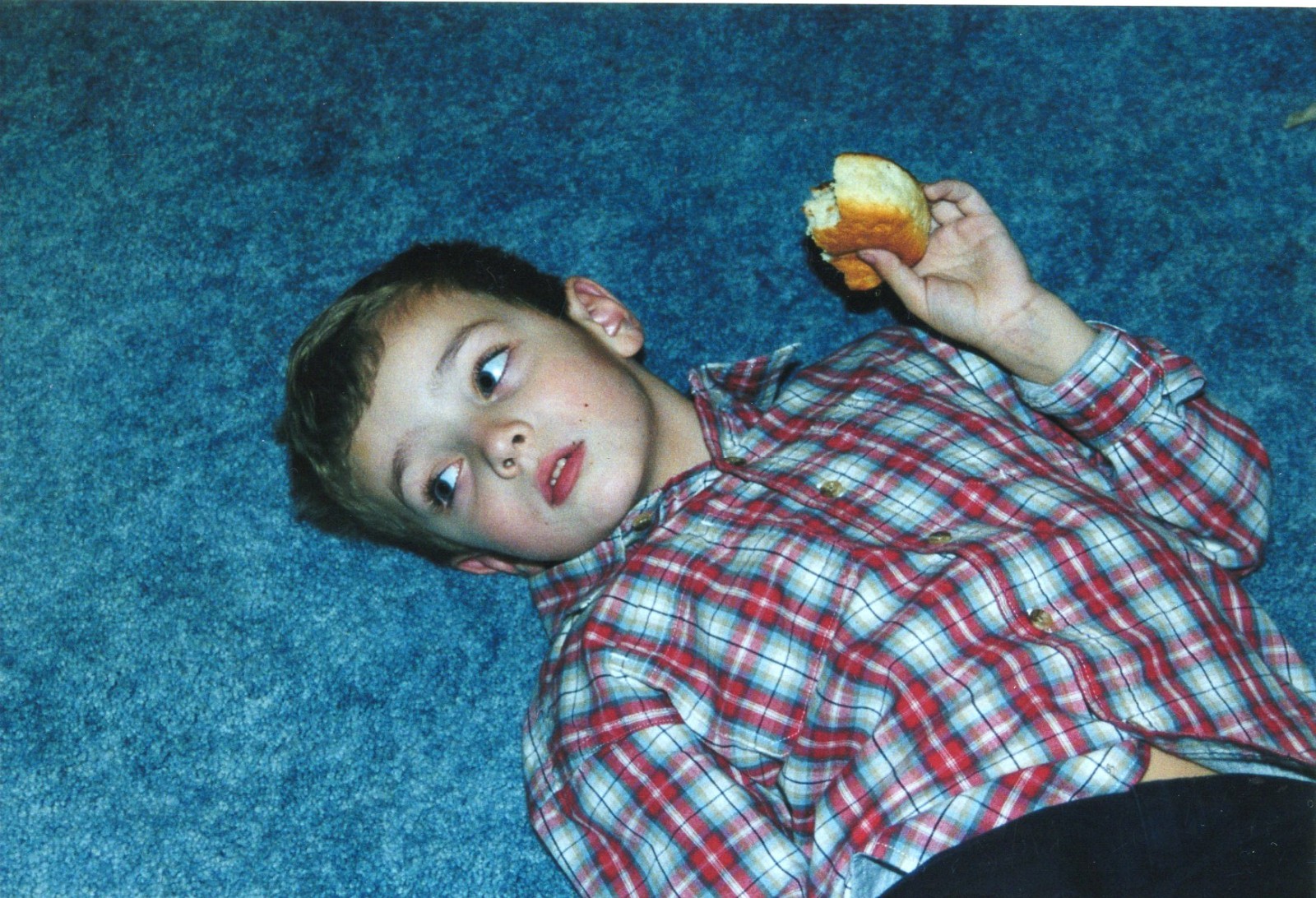Boy Child Eating A Delicious Biscuit On The Floor Vintage 90s Y2K Photo Snapshot