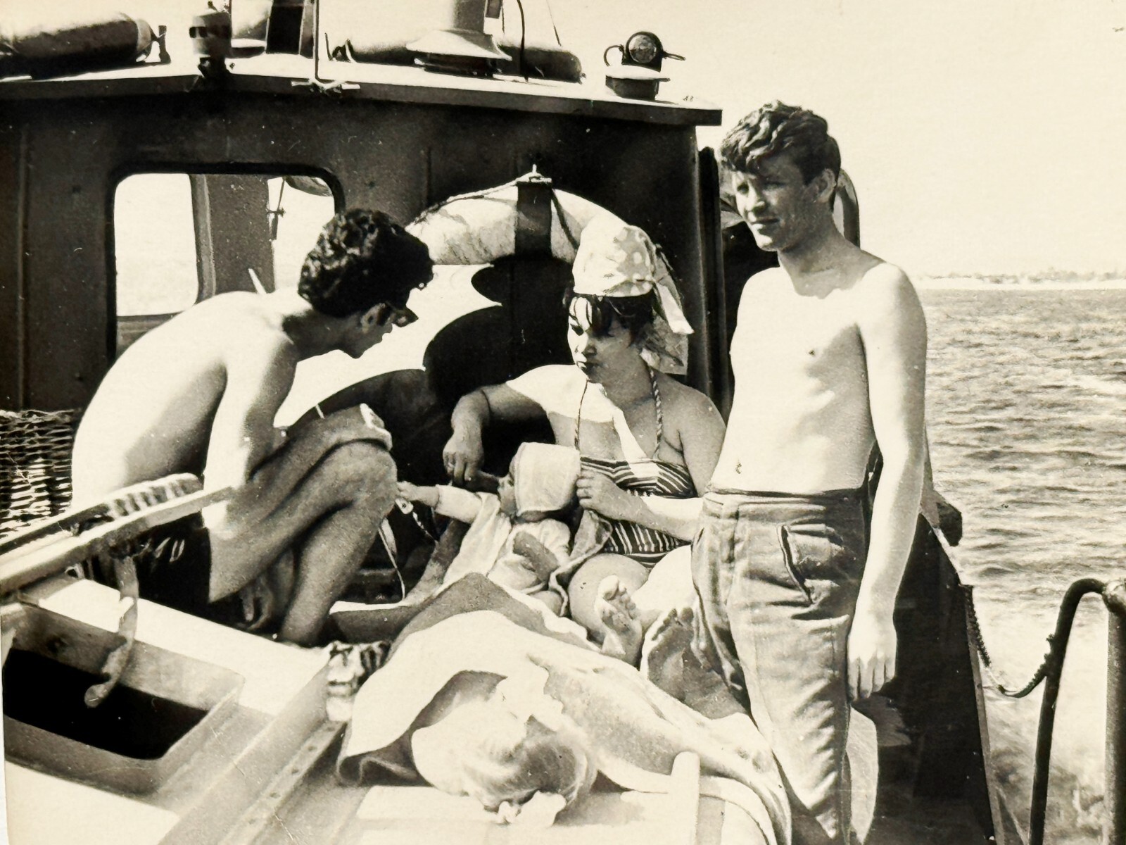 1970s Soviet Shirtless Men Bikini Woman Yacht Deck Gay Interest Vtg Photo B&W