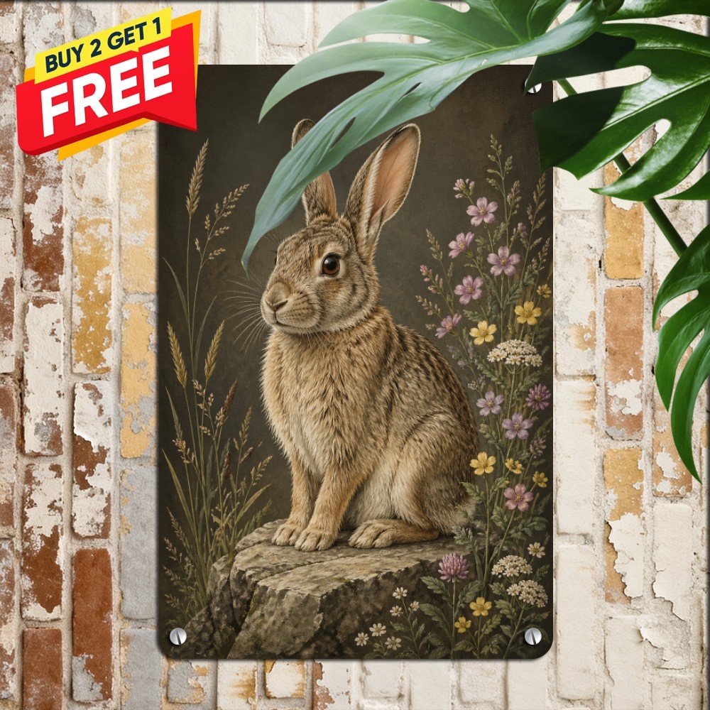 Charming Bunny Metal Wall Sign Rustic Rabbit Tin Art Plaque 8x12 In