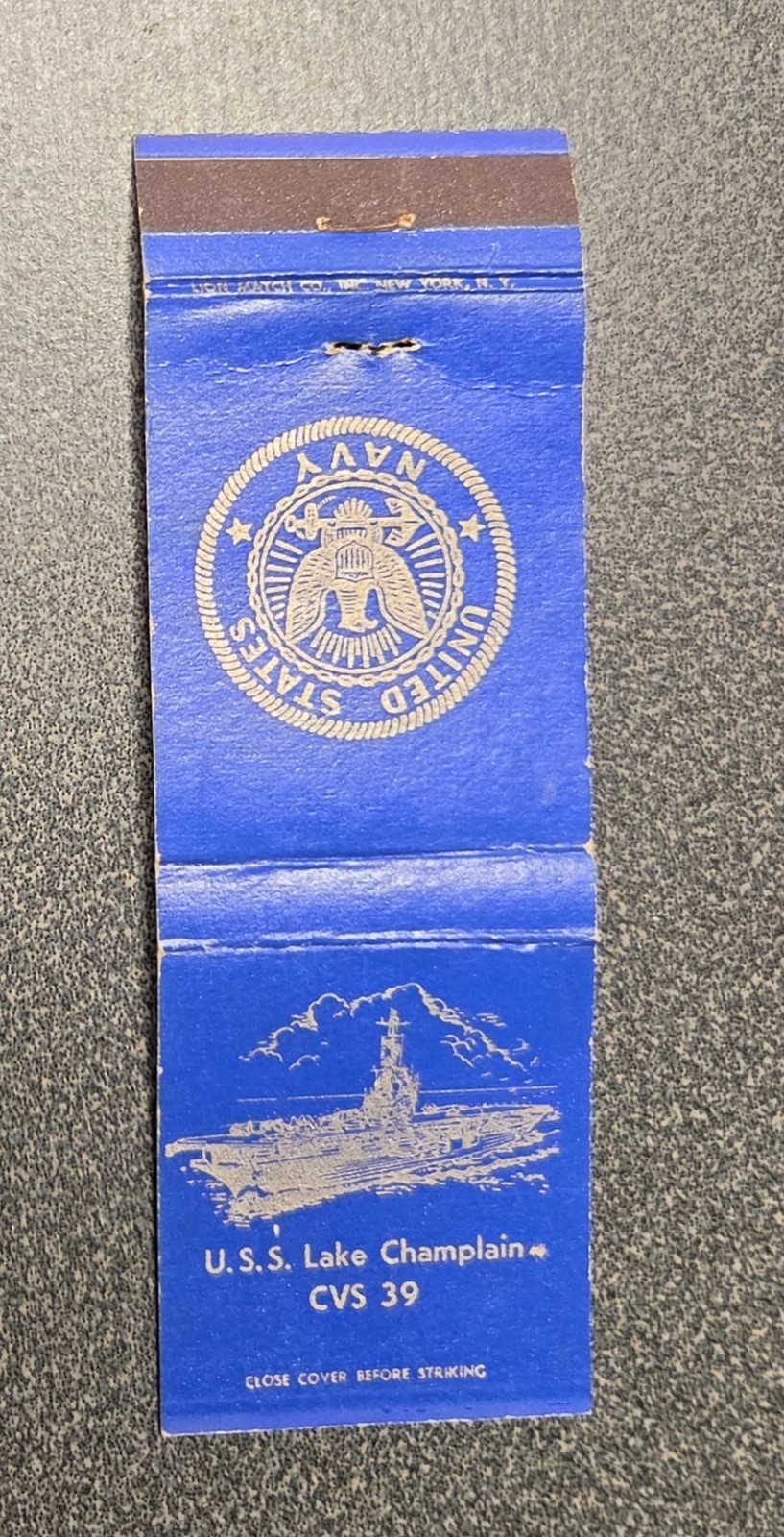 US Navy Ship 20 Strike Matchbook Cover U.S.S. Lake Champlain CVS 39 WWll