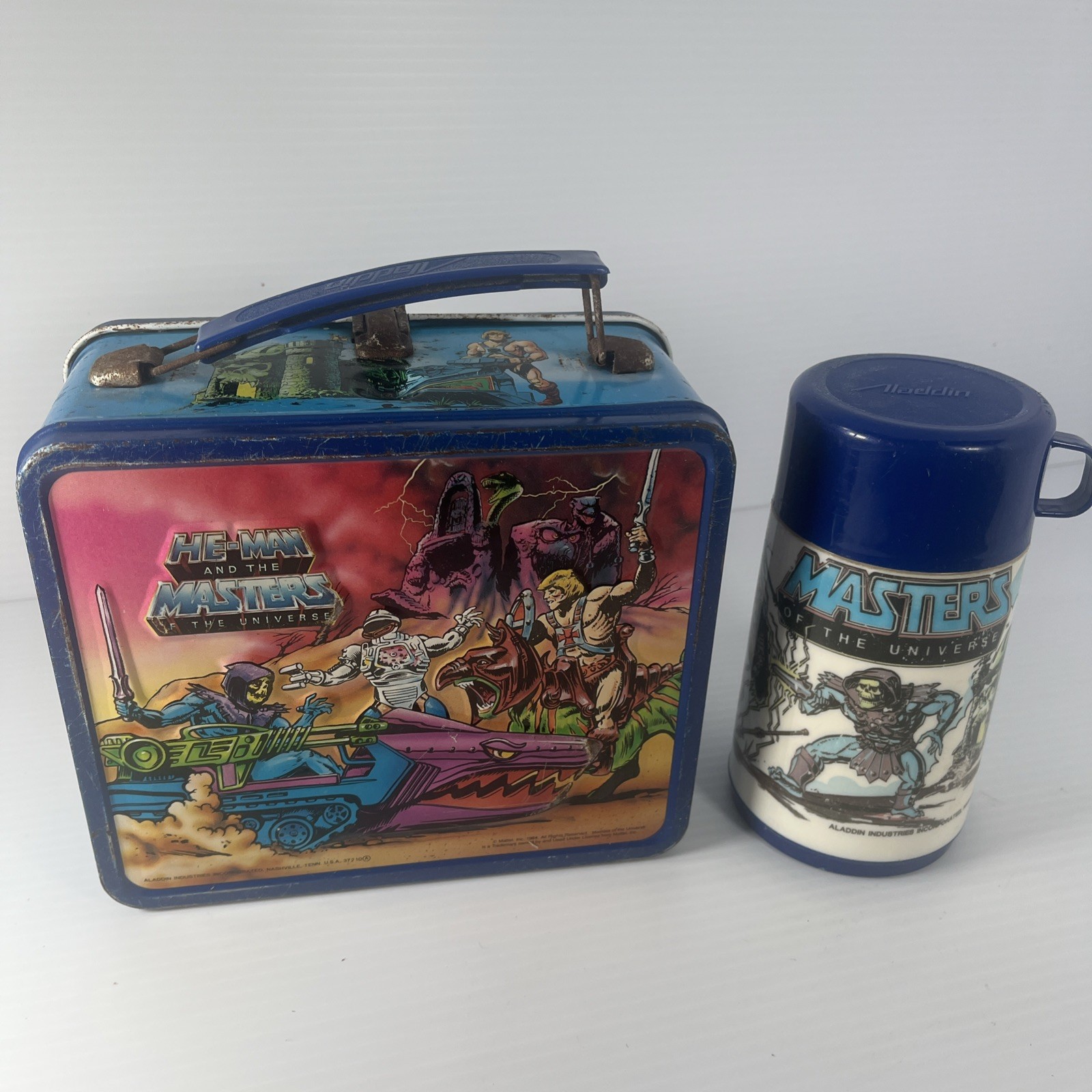 1984 Aladdin Mattel He-Man Masters of the Universe MOTU Metal Lunchbox Thermos 