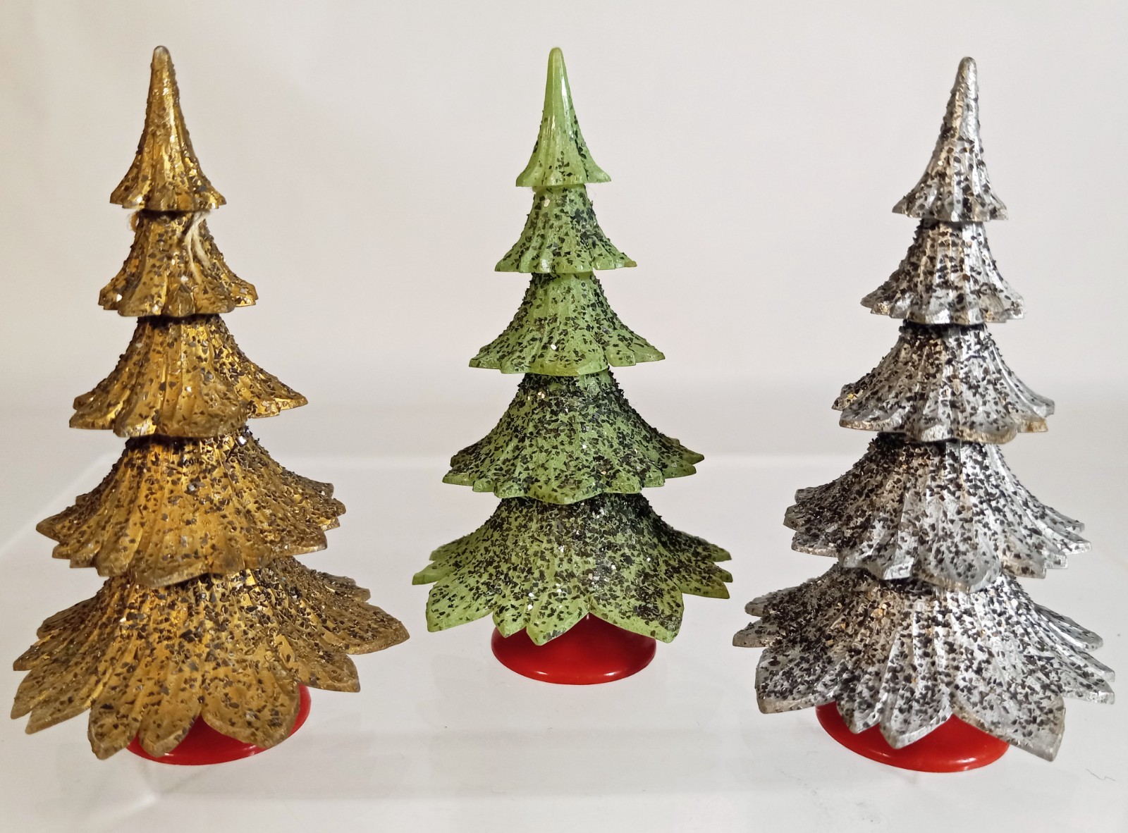 Vtg Hard Plastic PUTZ Christmas Tree Lot-Mica Glitter-Silver-Green-Gold-GERMANY