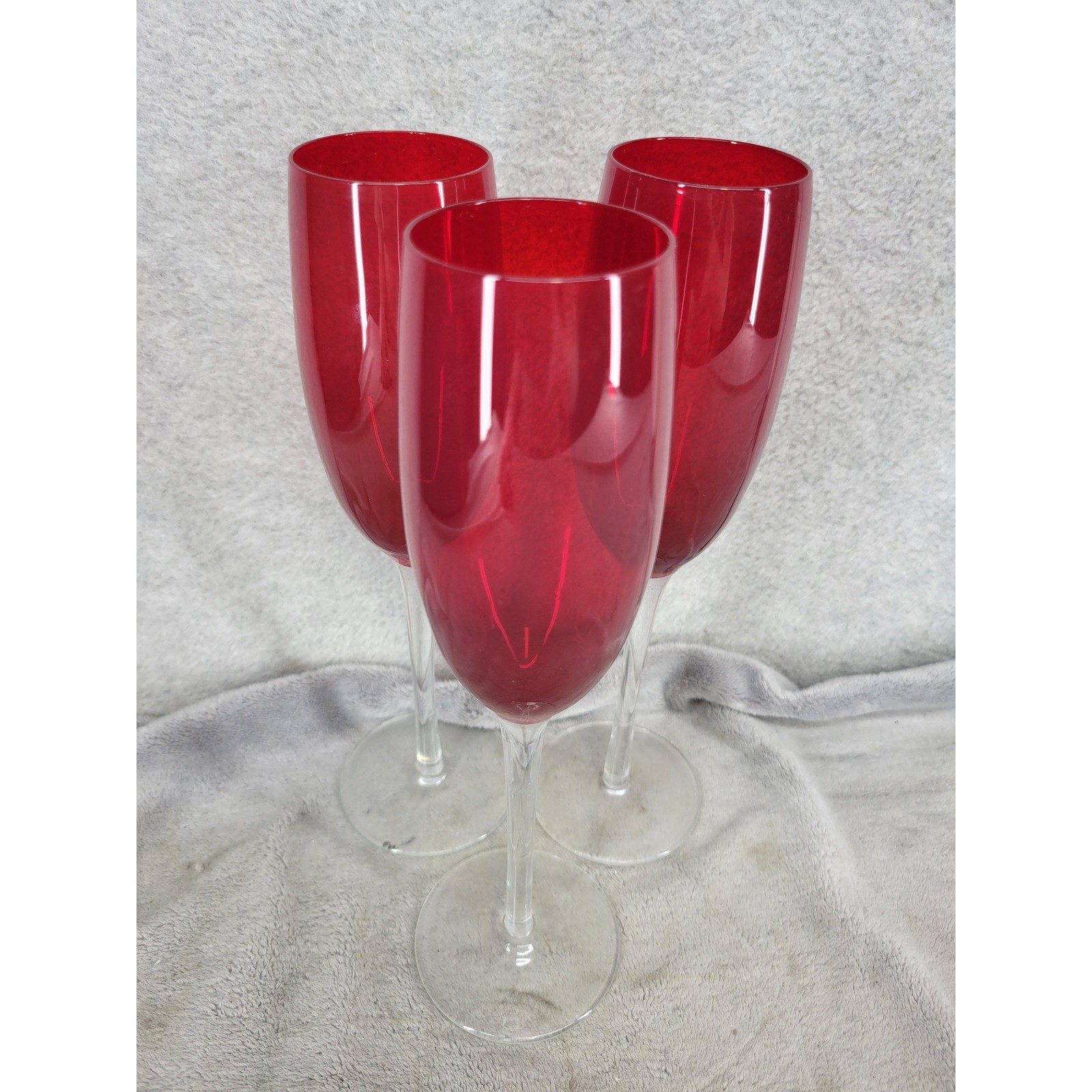 Vintage Set of 3 Red Champagne Flutes Ruby Glass Clear Stem 10\
