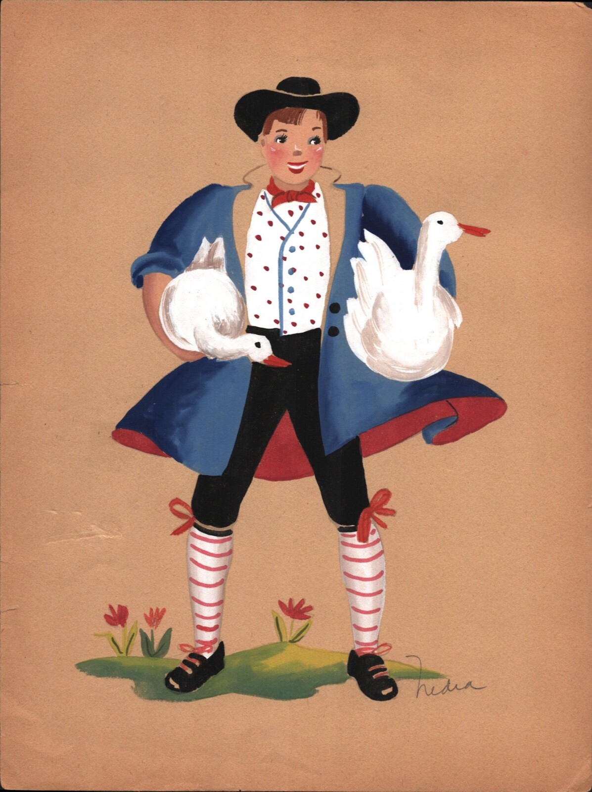 1950s HAND PAINTED DUTCH BOY & DUCKS original 9x12 painting NETHERLANDS, HOLLAND