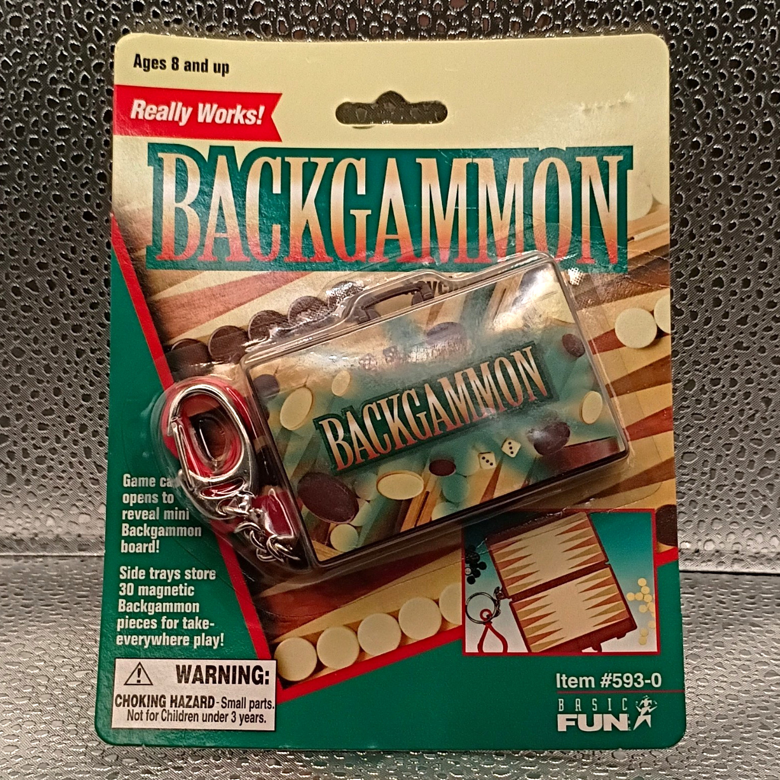 Basic Fun Backgammon Mini Game Keychain w/ Carabiner Clip, Plastic, Multicolor