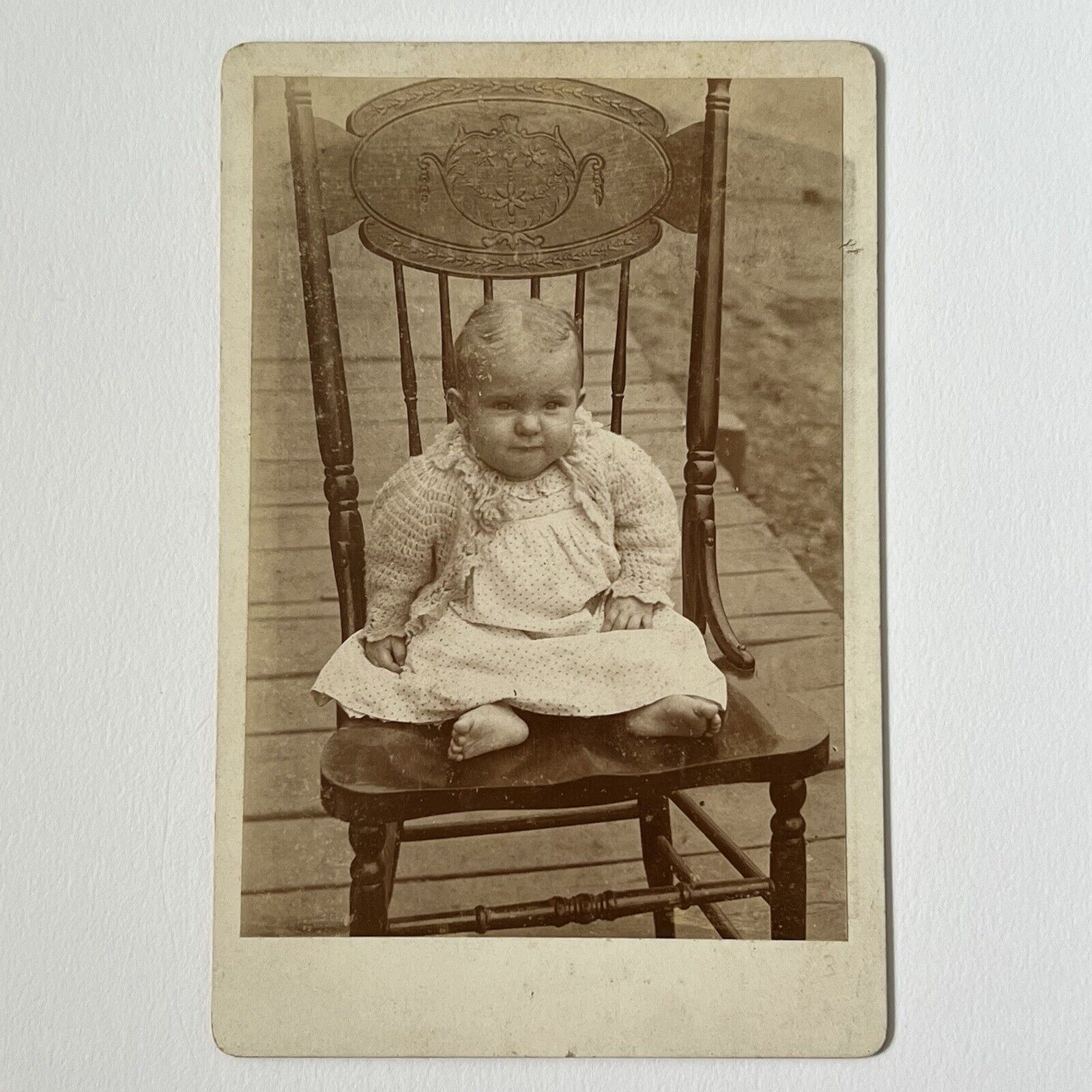 Antique Cabinet Card Photograph Adorable Sweet Baby Sitting Outside Wood Chair