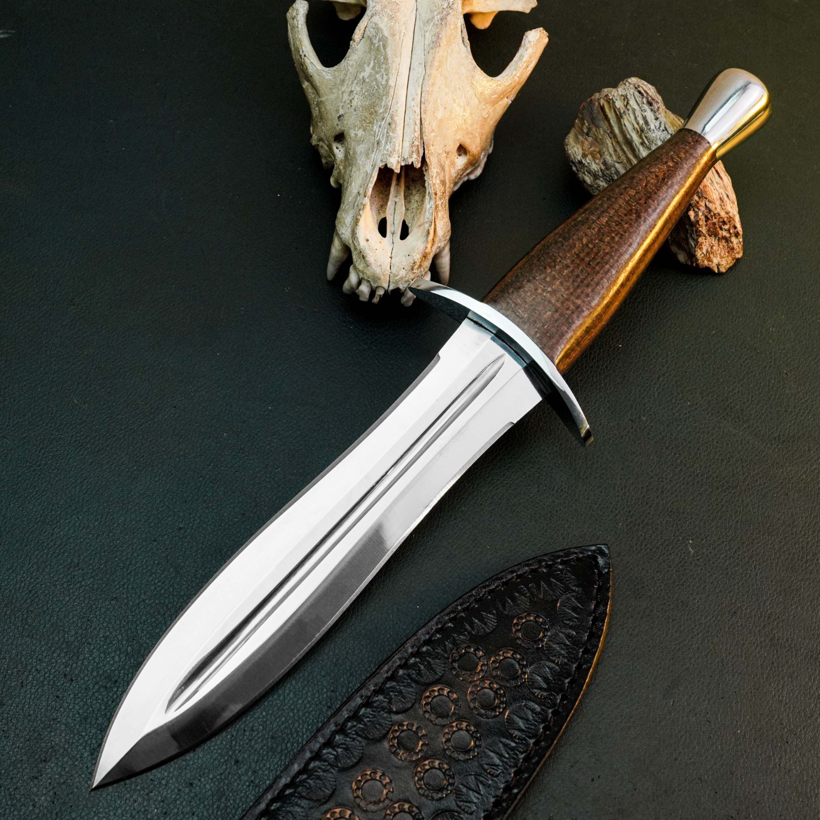 12.9 inch D2 Dagger Knife Full Tang Micarta Handle Fixed Blade Leather Sheath