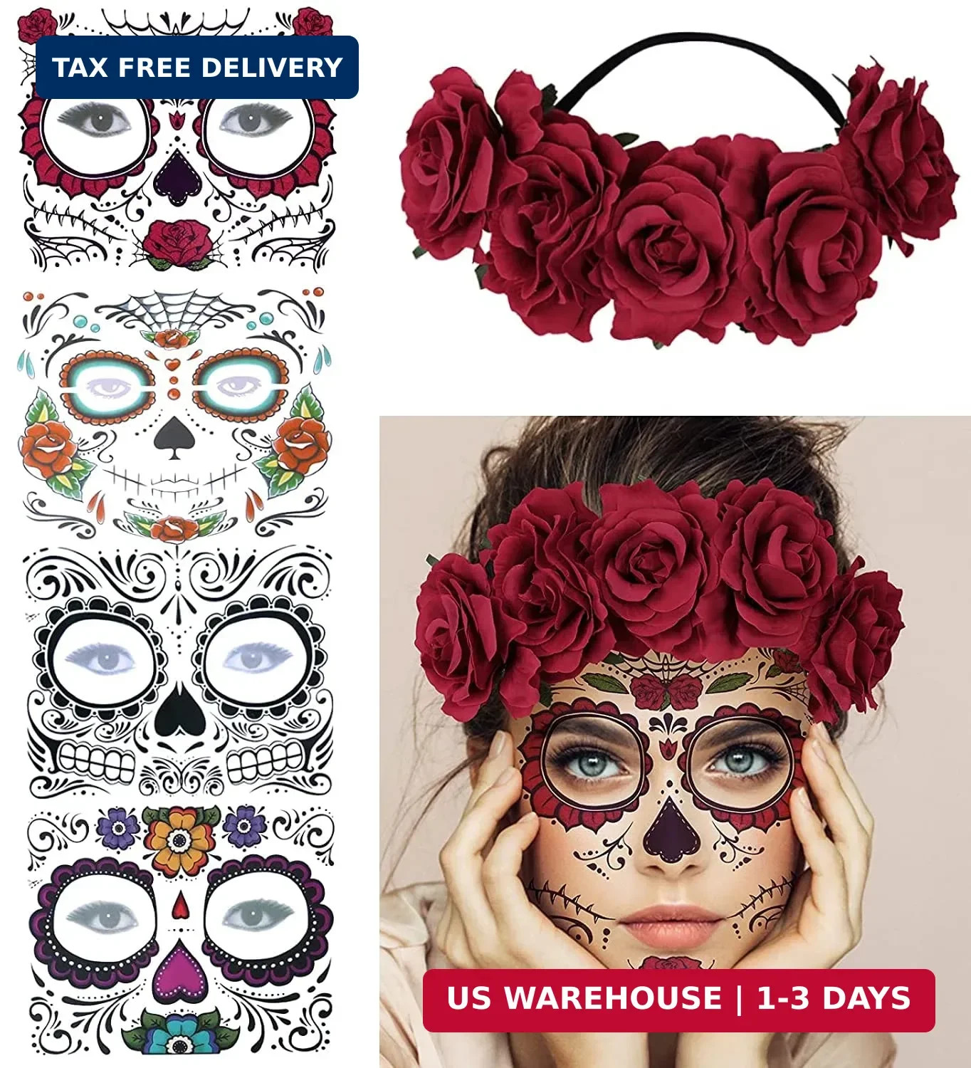 4 Kits Day of the Dead Sugar Skull Temporary Face Tattoo Makeup Tattoo for Men a