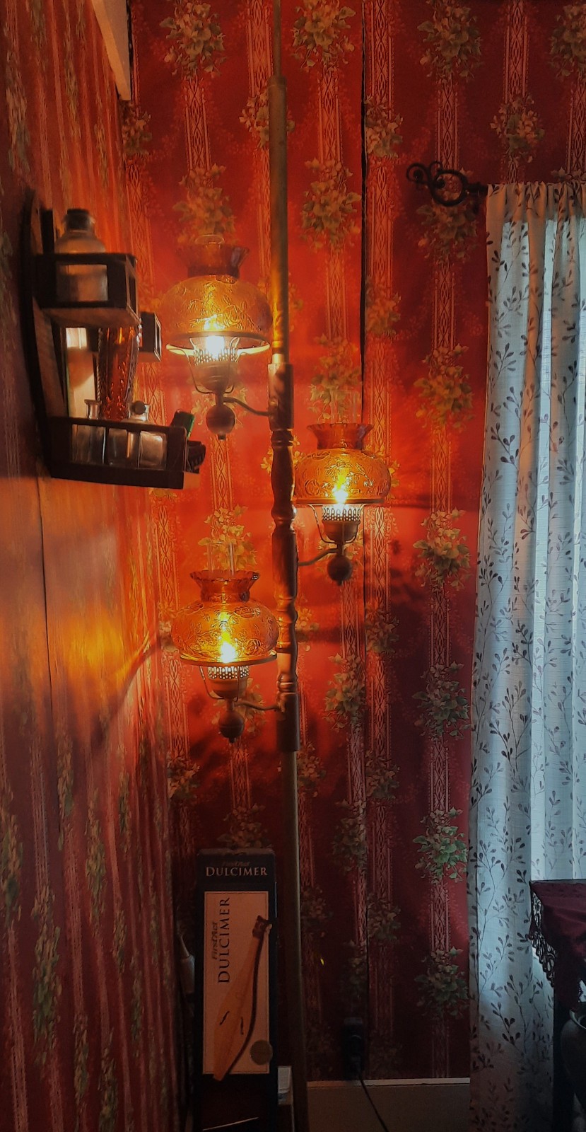 Vintage 3 Light Brass and Wood Pole Lamp with Amber Rose Shade Globes