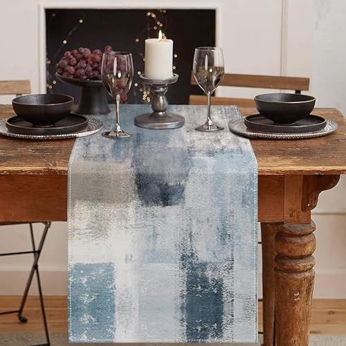  Farmhouse Table Runner, Vintage Blue and Grey Abstract Art 13x60 Abstract Blue