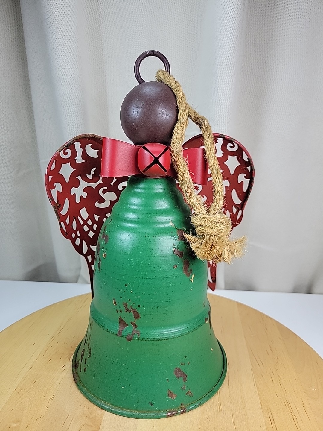 Rustic Farmhouse Green & Red Metal Angel Bell Removeable Wings 12\