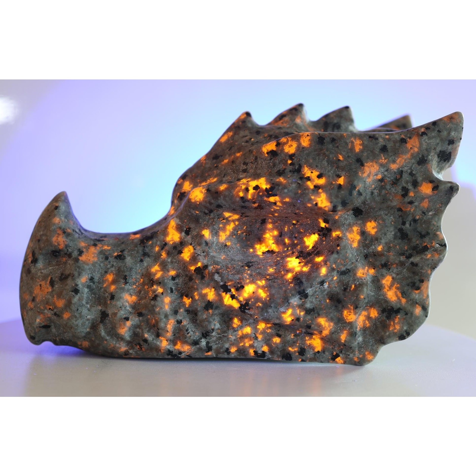 Hand Carved Yooperlite Dragon Head | UV Reactive Sodalite Sculpture (2lb)