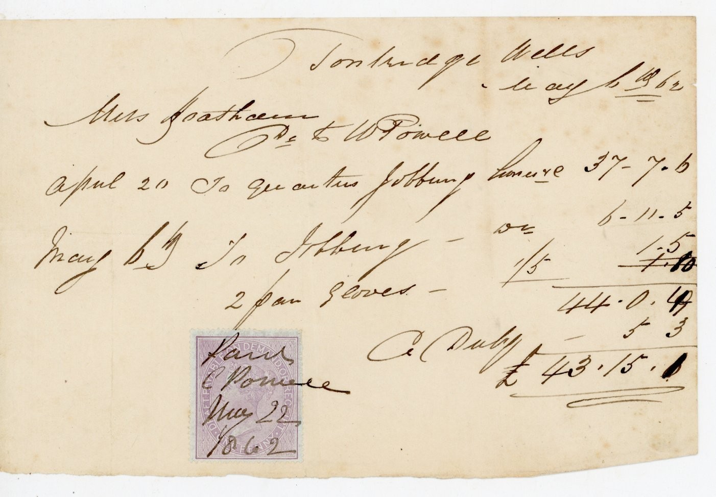 Antique 1862 Tonbridge Wells Receipt Billhead Miss Featham G. & W. Powell Stamp