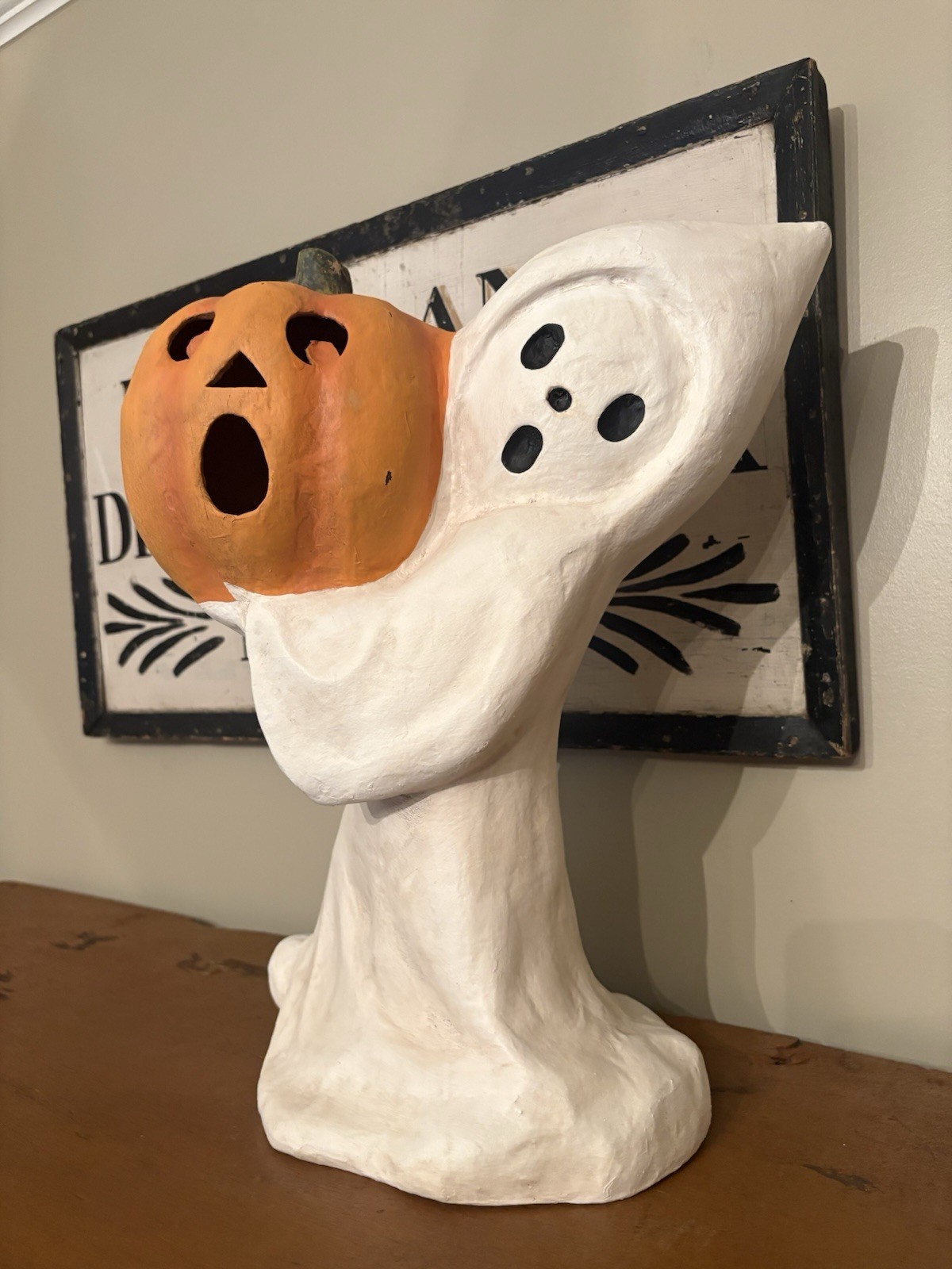 VTG Bethany Lowe Ghost with Pumpkin Paper Mache Halloween Decor 22.5