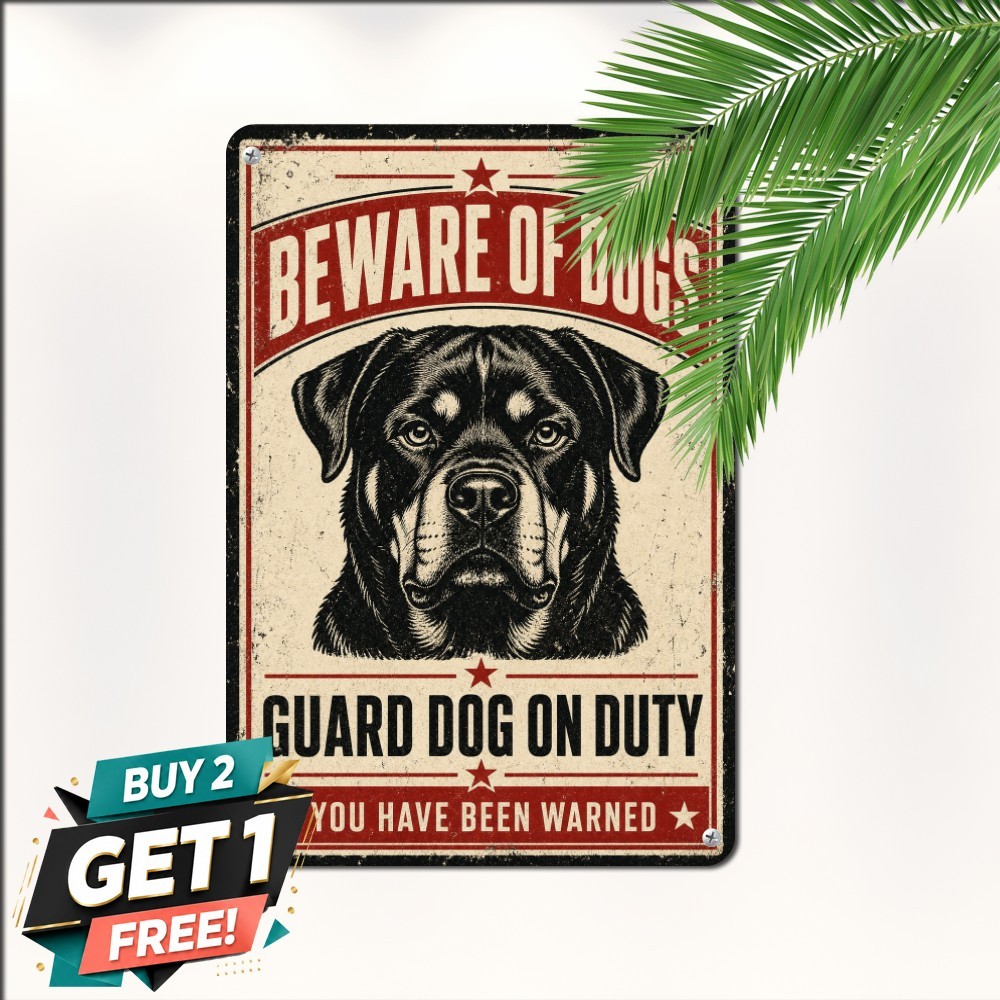 Beware of Guard Rottweiler Sign Vintage Property Security Metal Tin Plaque