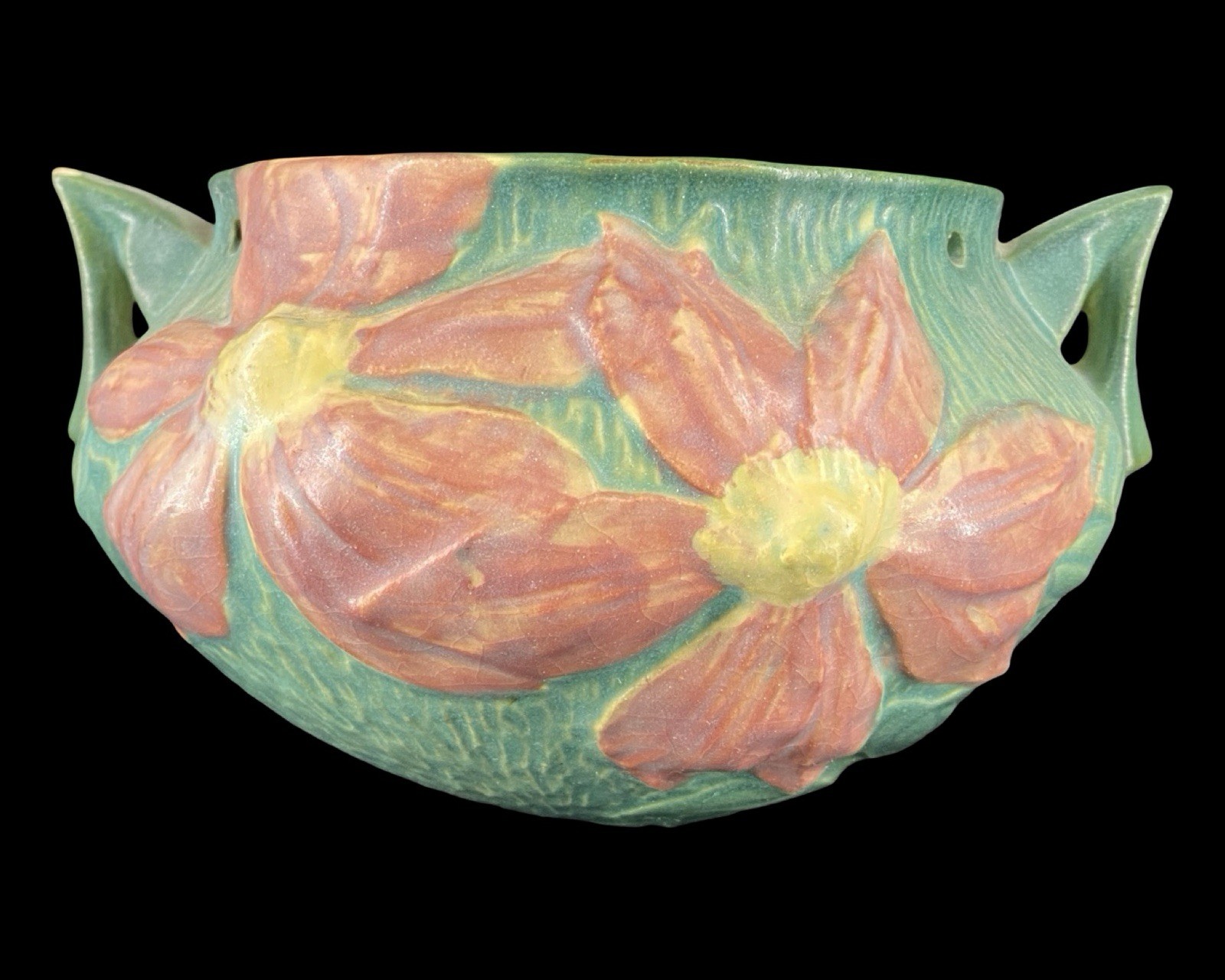Vintage Roseville Clematis American Art Pottery Handled Console Bowl Green Pink