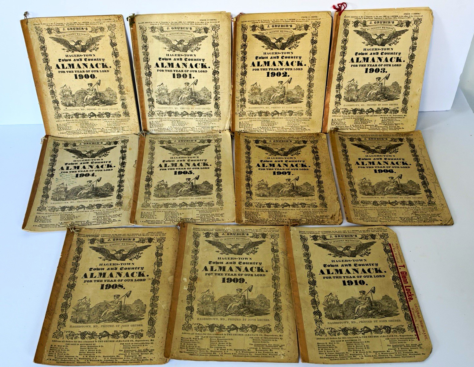 Vintage Lot 11 J. Gruber\'s Hagerstown Town and Country Almanacks 1900-1910 Run
