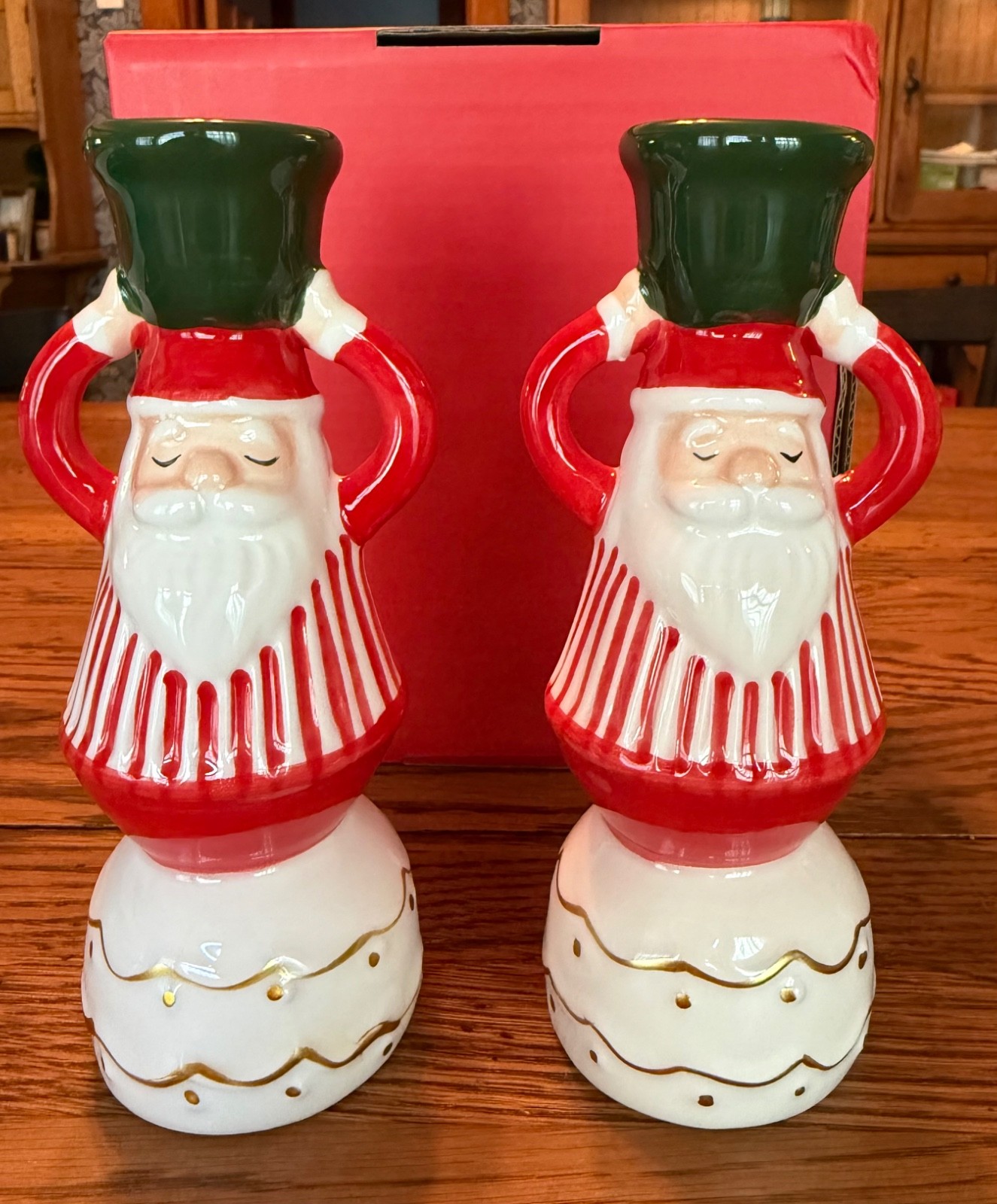 Martha Stewart Christmas Ceramic Santa Sleeping Candle Holders Set Of 2 NEW