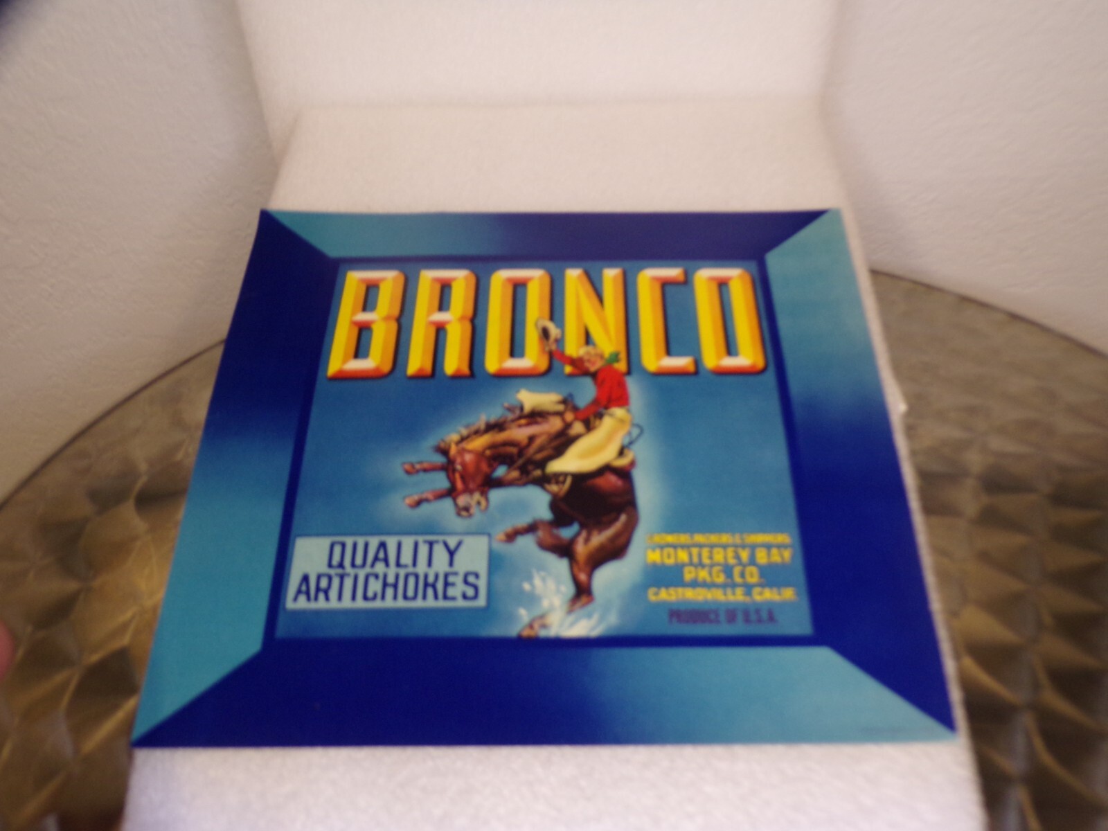 Vintage Produce Crate Label, Bronco, Quality Artichokes, Castroville CA