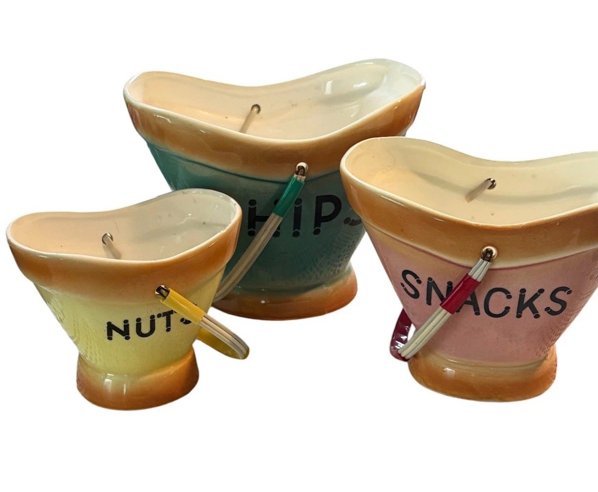 RARE 1950s/1960s Atomic COLORS Handled 3 NESTING BAR Pails Atomic Lettering