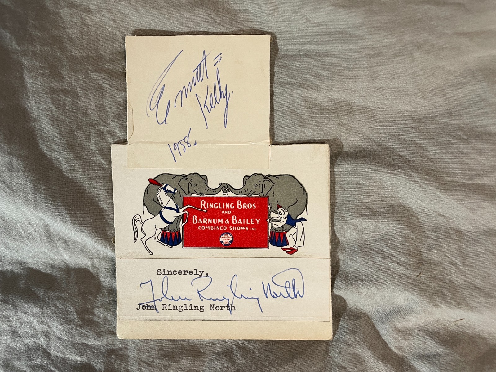 Emmett Kelly & John Ringling North Signed 1958 Autograph Cut Clown Circus