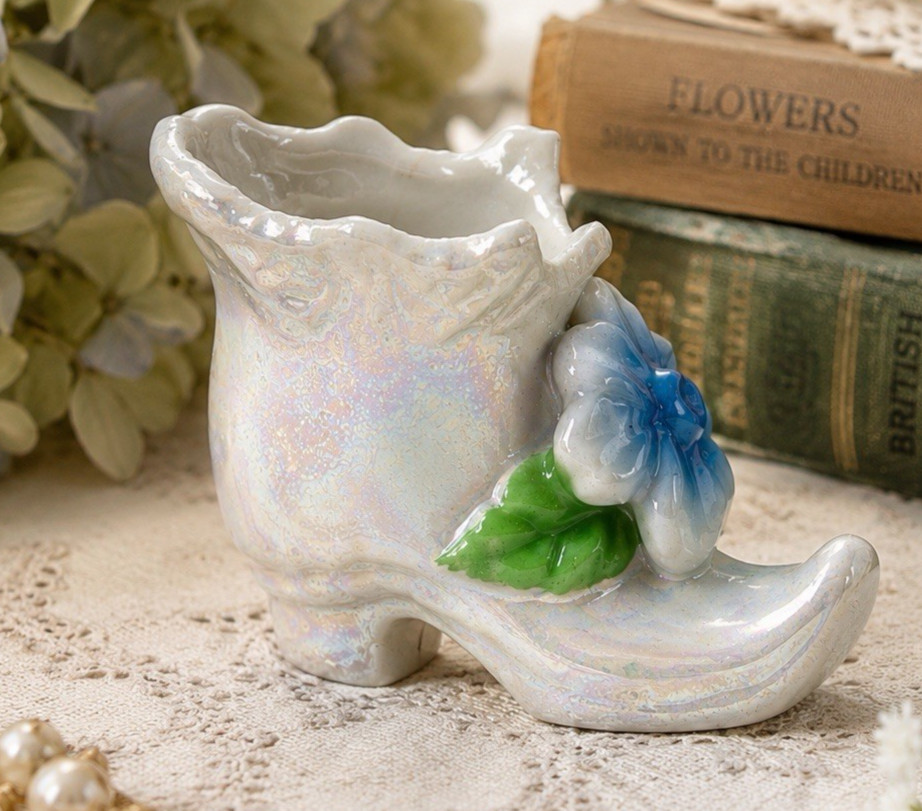 Vintage Japan Iridescent Porcelain Boot Shoe Vase Blue Flower Lustreware Planter Vintage Japan Iridescent Porcelain Boot Shoe Vase Blue Flower Lustreware Planter
