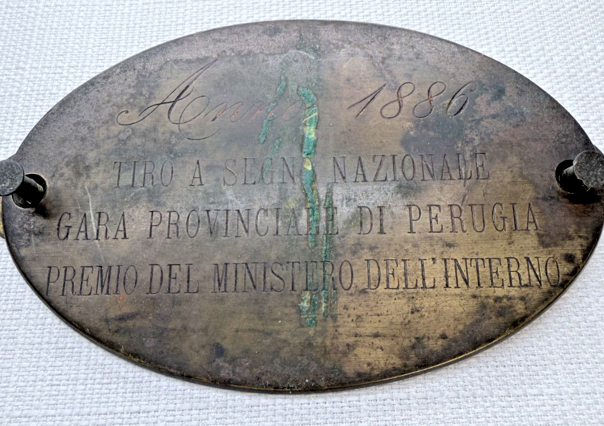 Antique 1886 Italian Tiro a Segno Perugia Shooting Prize Brass Plaque