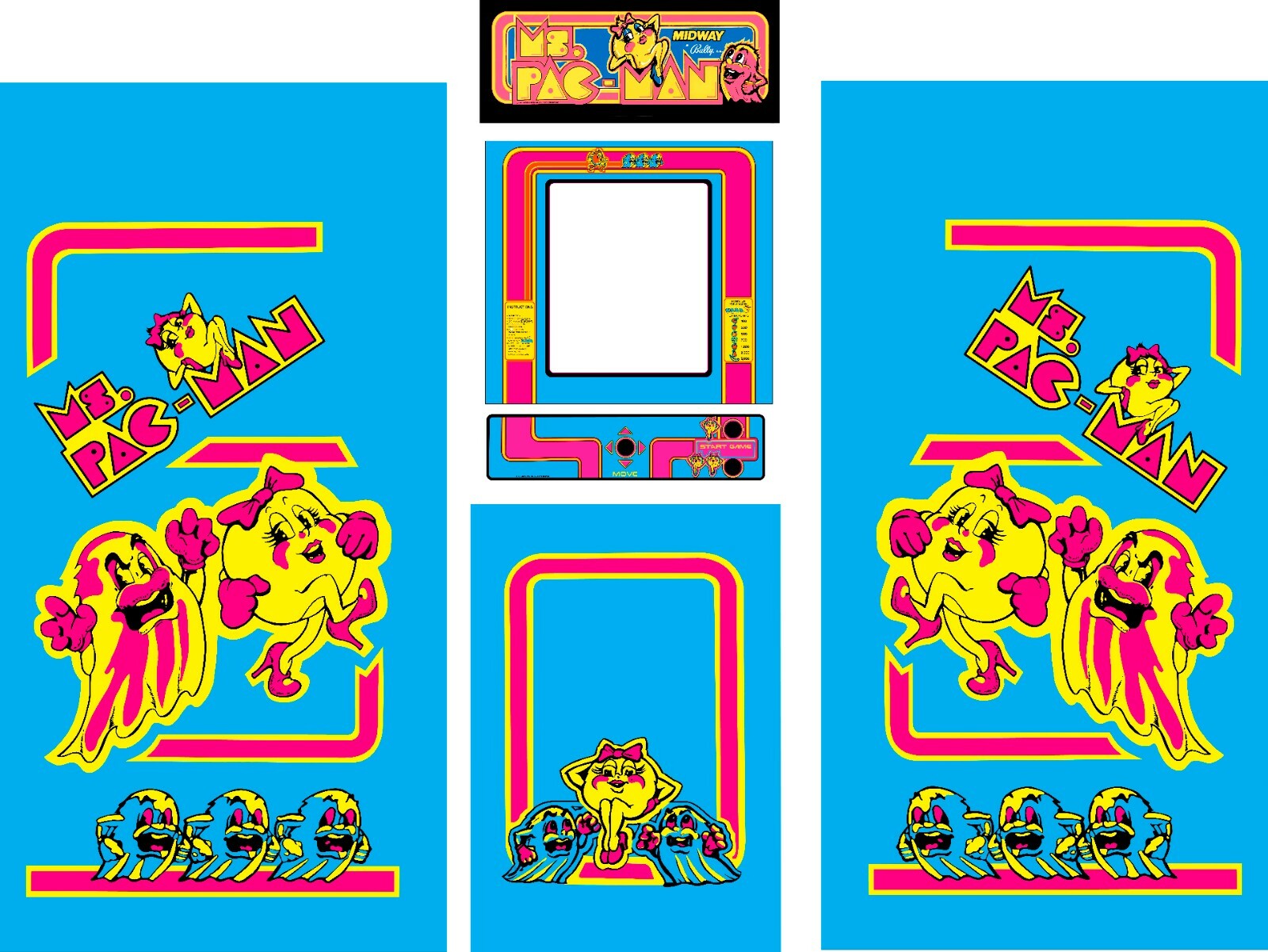 Ms Pac Man Arcade Cabinet 6 Pc Restoration Kit Side Art Kickplate CPO