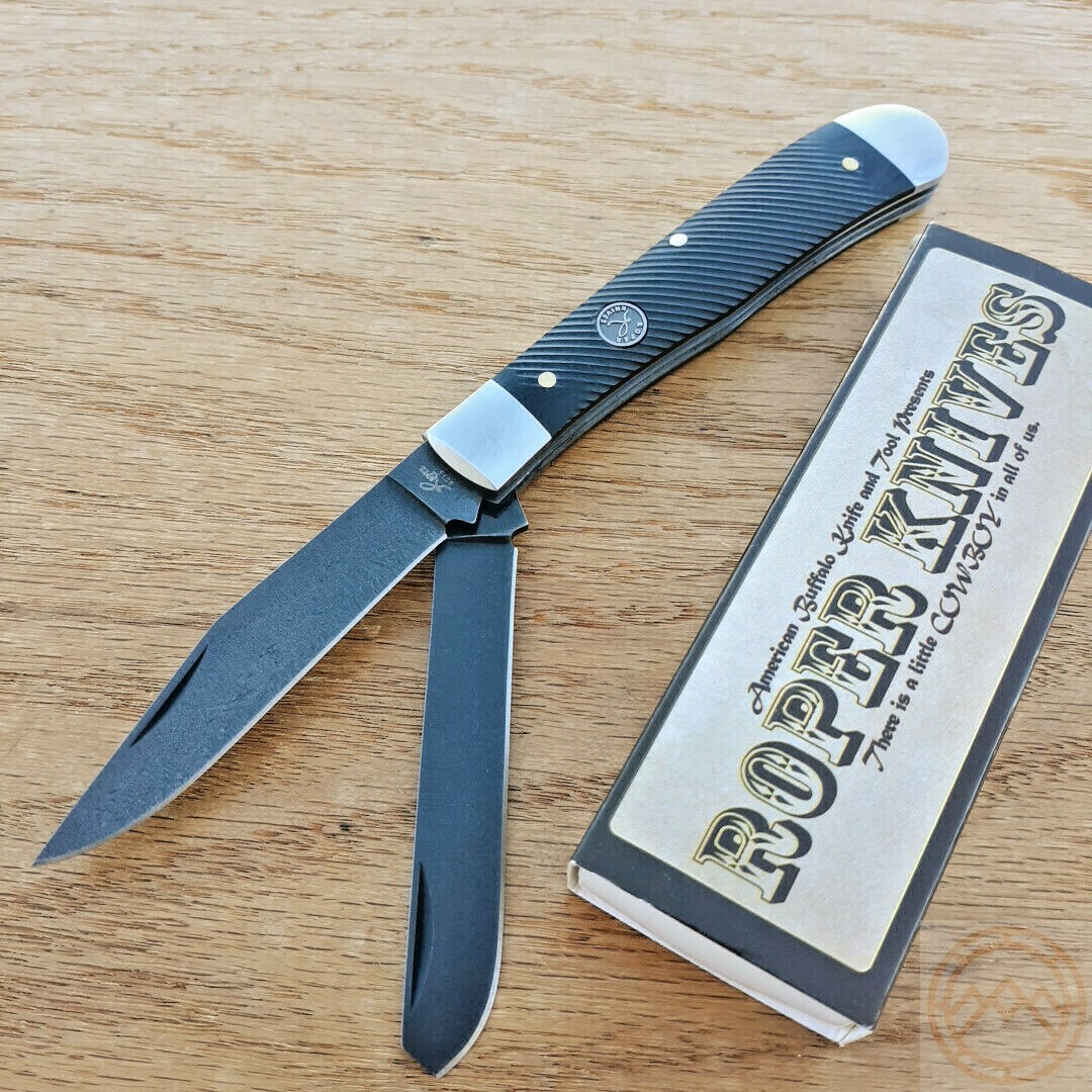 Roper Knives Trapper Pocket Knife D2 Tool Steel Blades Black Sawcut G10 Handle