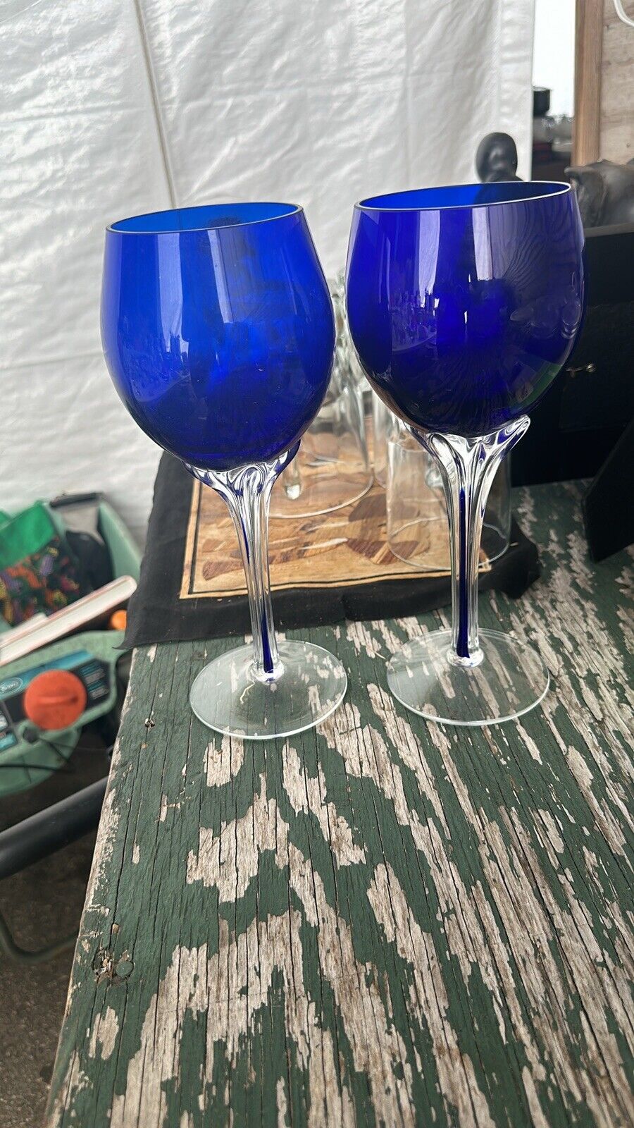 Large Tall Stem Blue Wine Glasses
