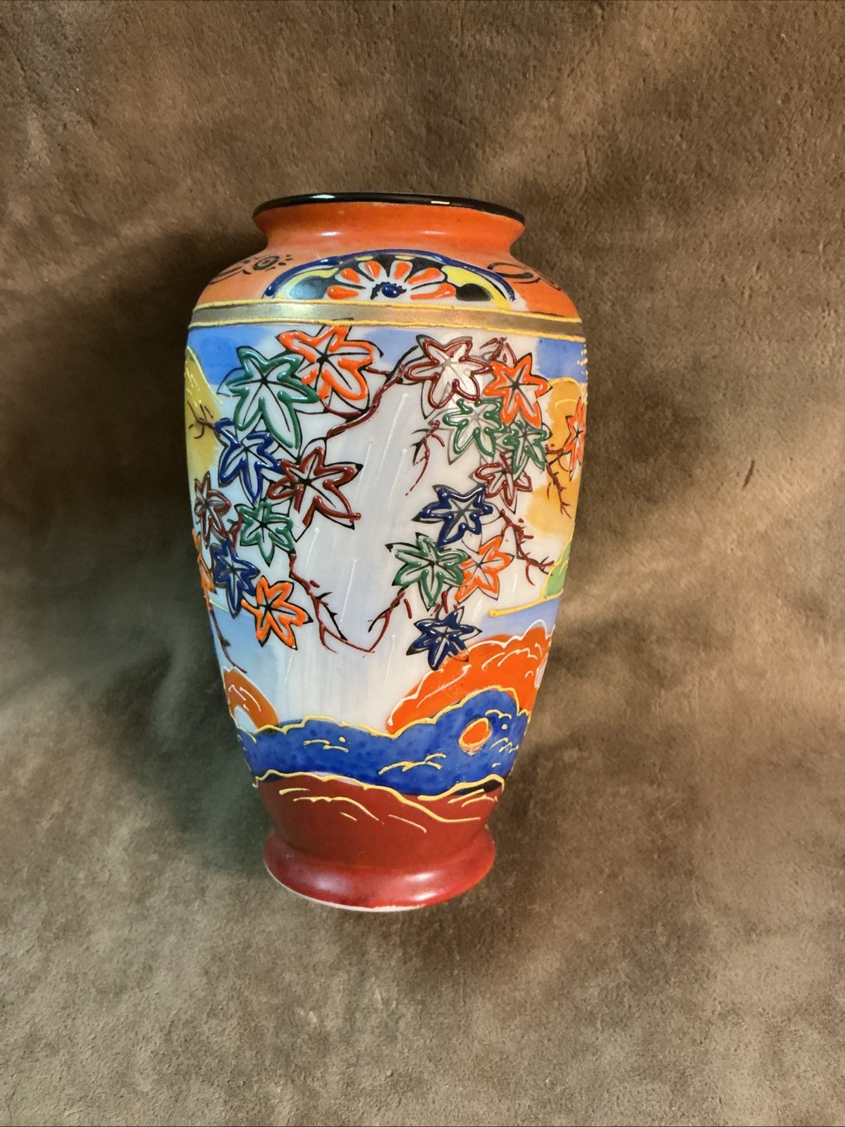 Vintage 1950S Made Japan Porcelain Satsuma Style Autumn Maple Leaf Vase 