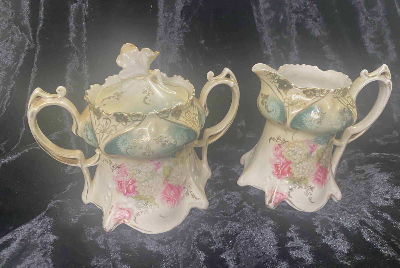 Antique R.S. Prussia Porcelain Covered Sugar Bowl & Creamer Set - Art Nouveau