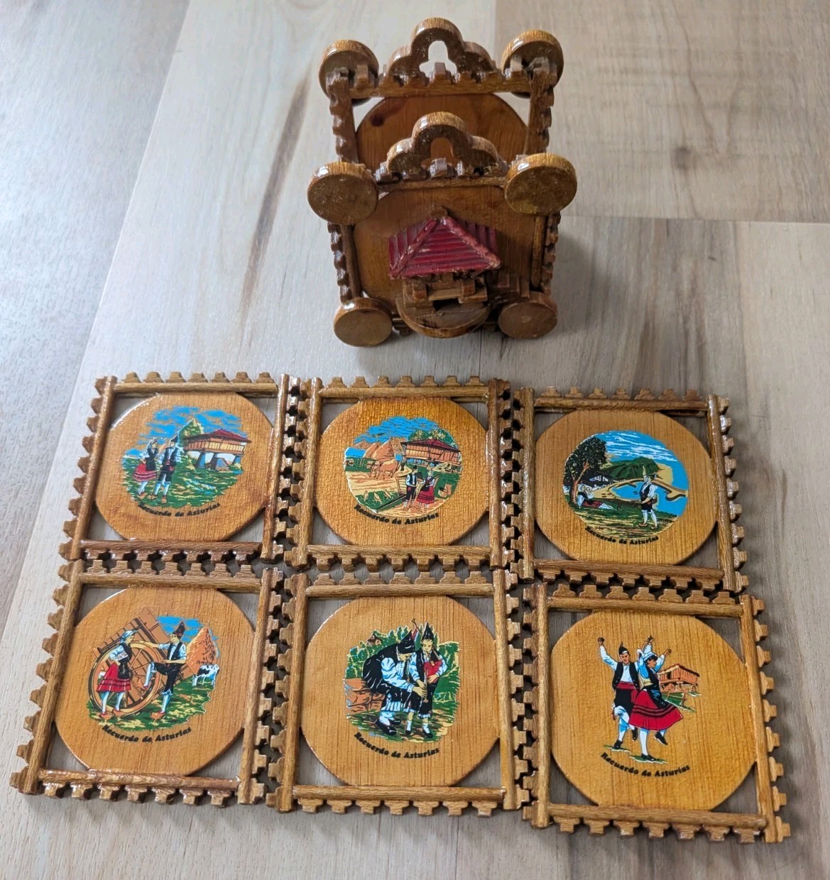 VTG Wooden Coaster Set Asturias Spain Dancing Folk Art Souvenir Set Of 6